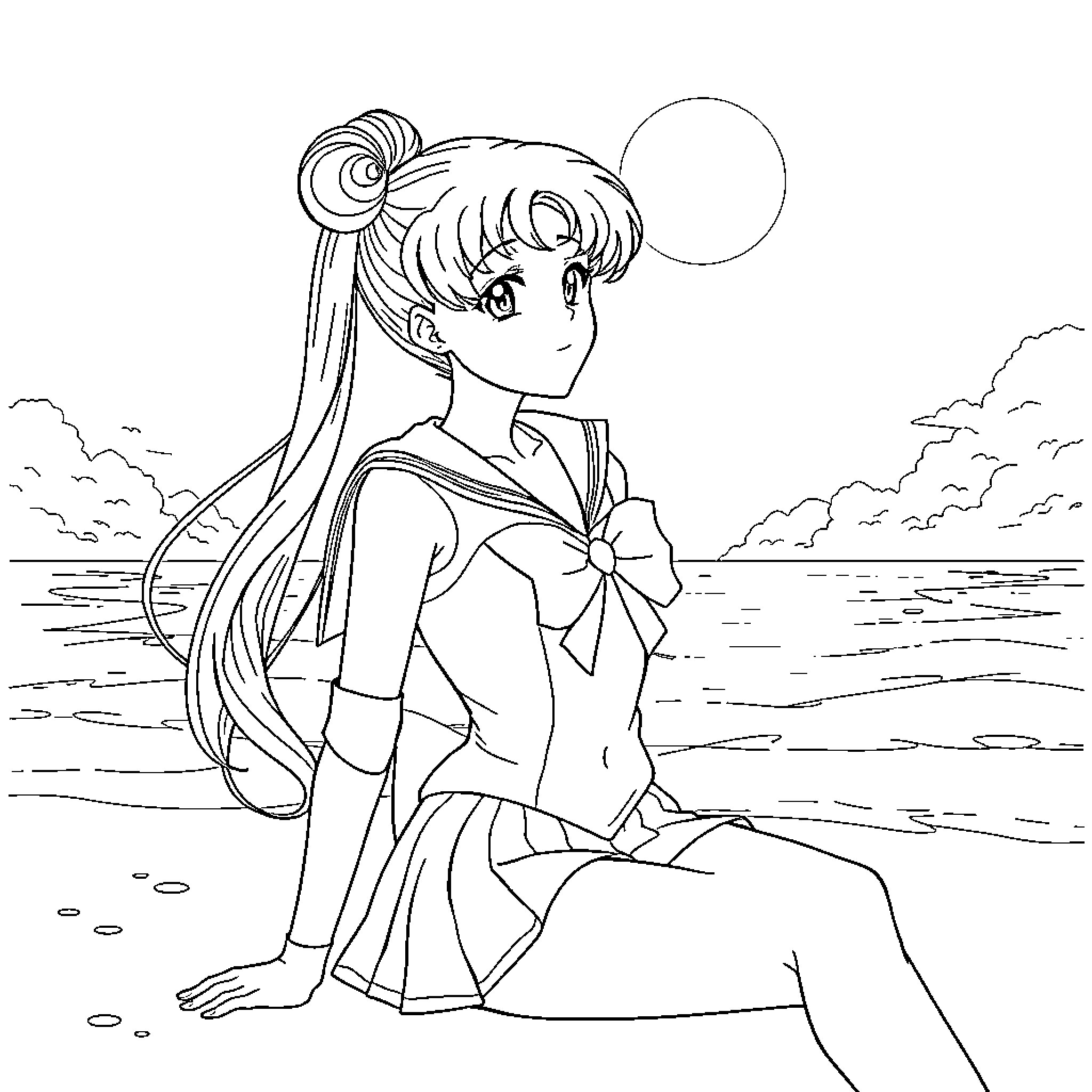 Sailor Moon enjoying the beach scenery Coloring Page (free black-and-white line drawing printable PDF for all, from beginners to advanced learners, including children, teens, adults, and seniors)