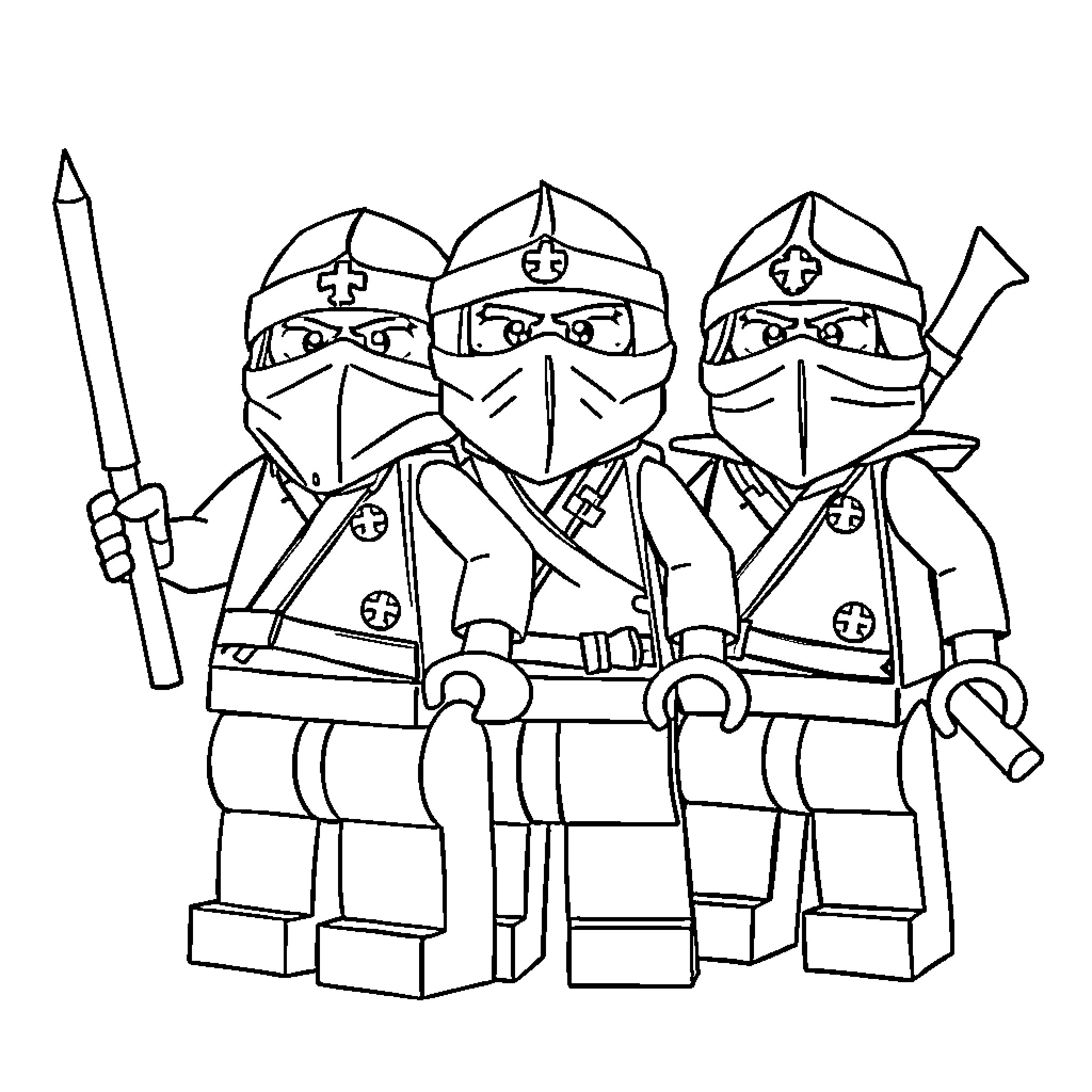 Ningago Ninja Warriors in Training Coloring Page (free black-and-white line drawing printable PDF for all, from beginners to advanced learners, including children, teens, adults, and seniors)