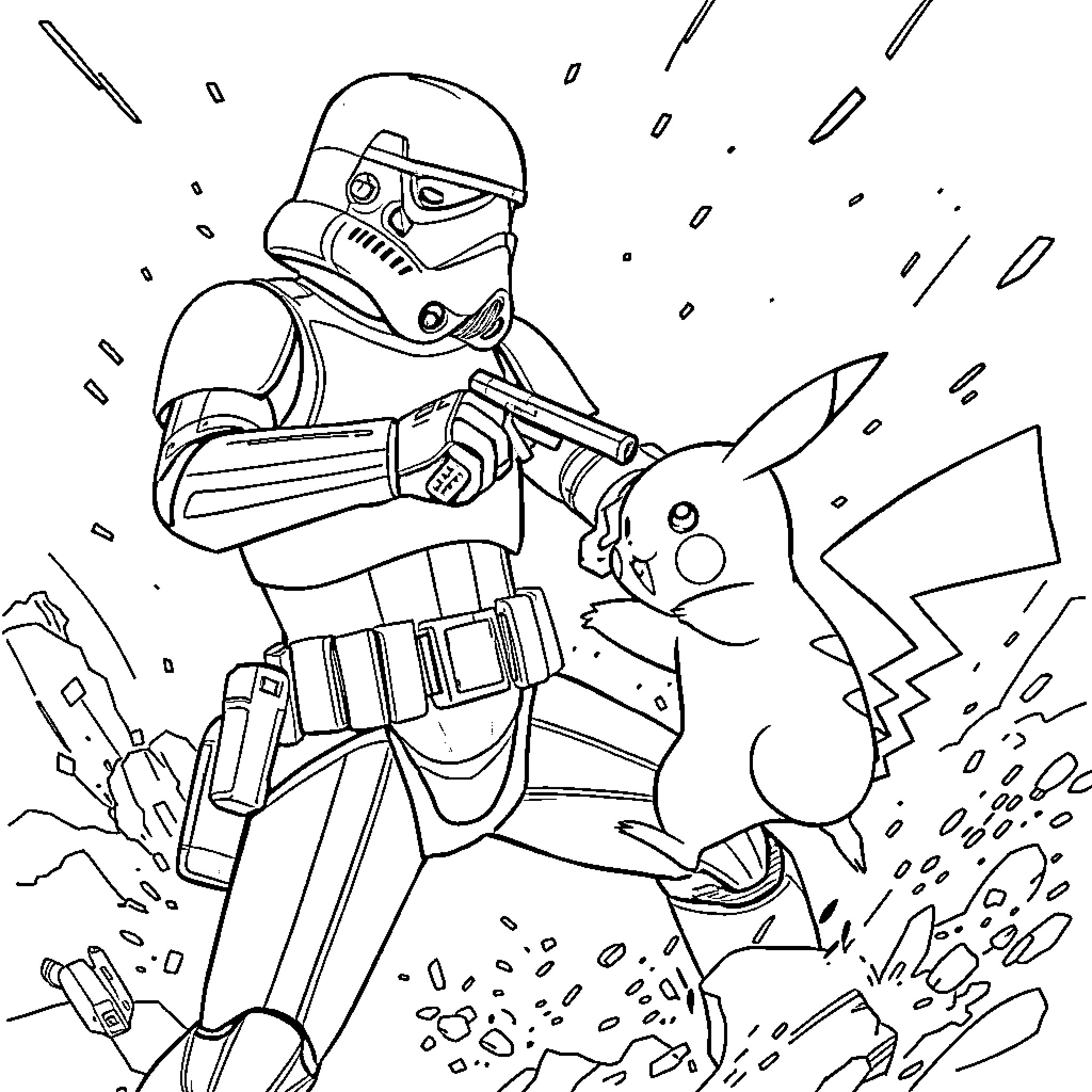 Storm Trooper battling mysterious creature Coloring Page (free black-and-white line drawing printable PDF for all, from beginners to advanced learners, including children, teens, adults, and seniors)
