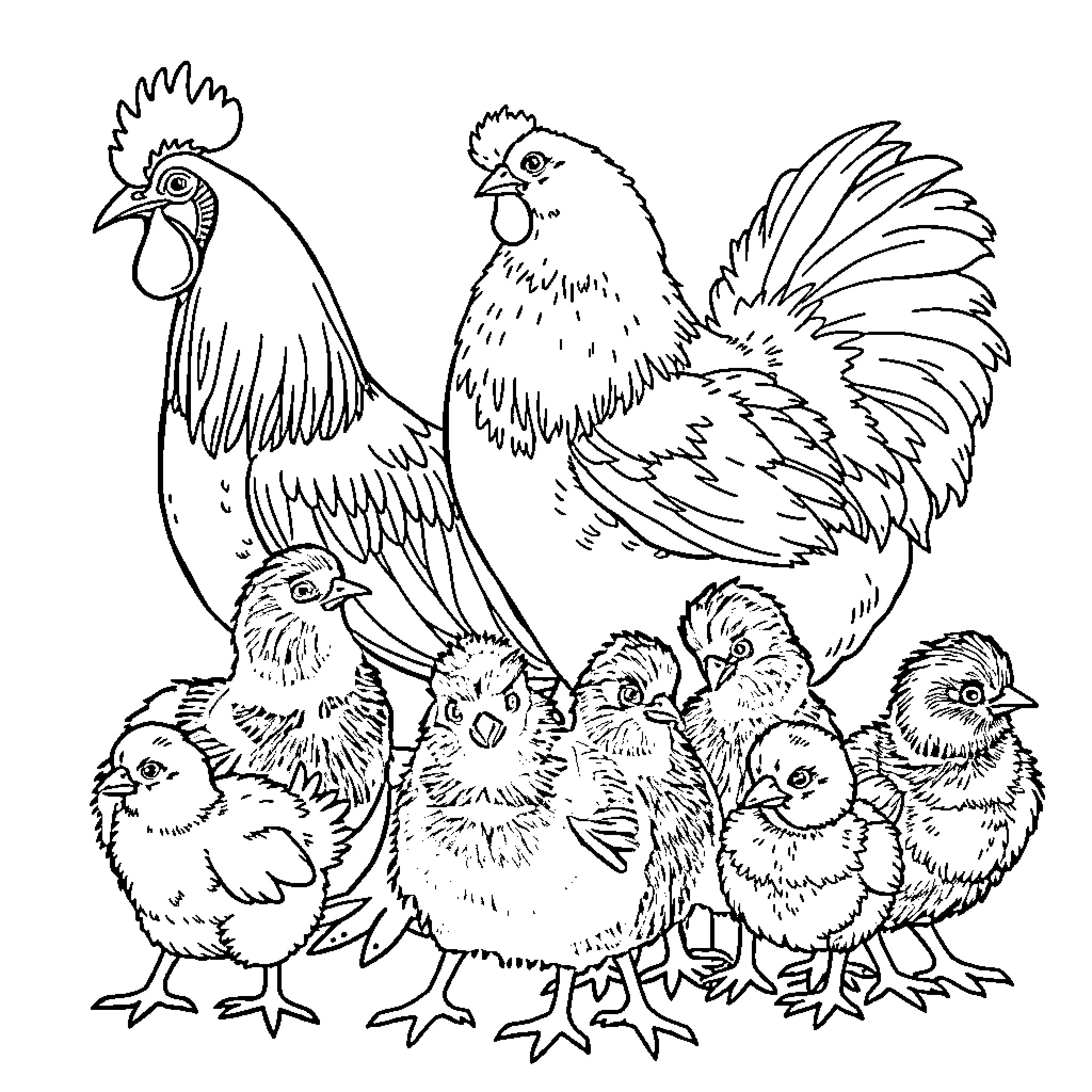 Rooster and Chicks in a Farmyard Scene Coloring Page (free black-and-white line drawing printable PDF for all, from beginners to advanced learners, including children, teens, adults, and seniors)