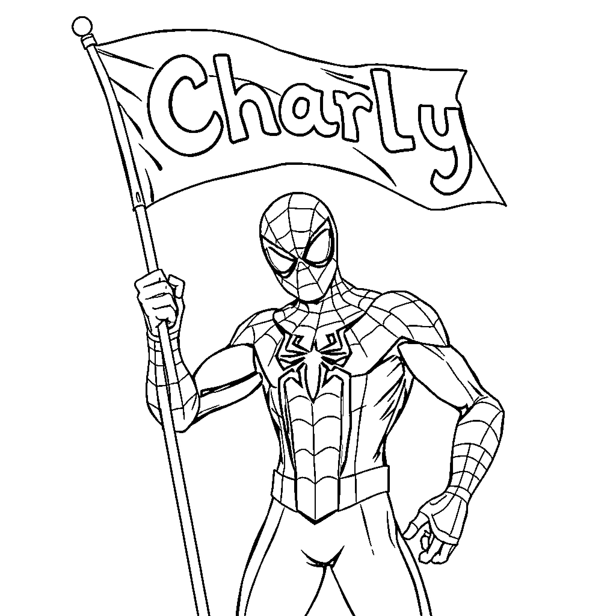 Spiderman holding flag with personalized name Coloring Page (free black-and-white line drawing printable PDF for all, from beginners to advanced learners, including children, teens, adults, and seniors)
