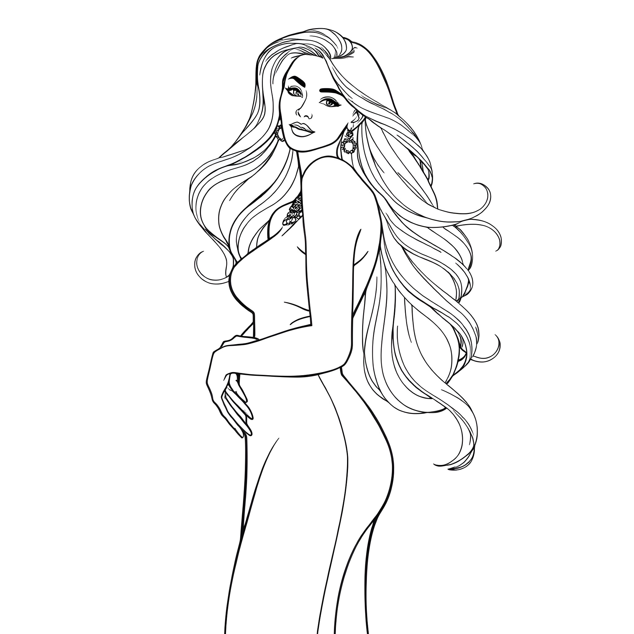 Woman with Flowing Hair and Graceful Pose Coloring Page (free black-and-white line drawing printable PDF for all, from beginners to advanced learners, including children, teens, adults, and seniors)