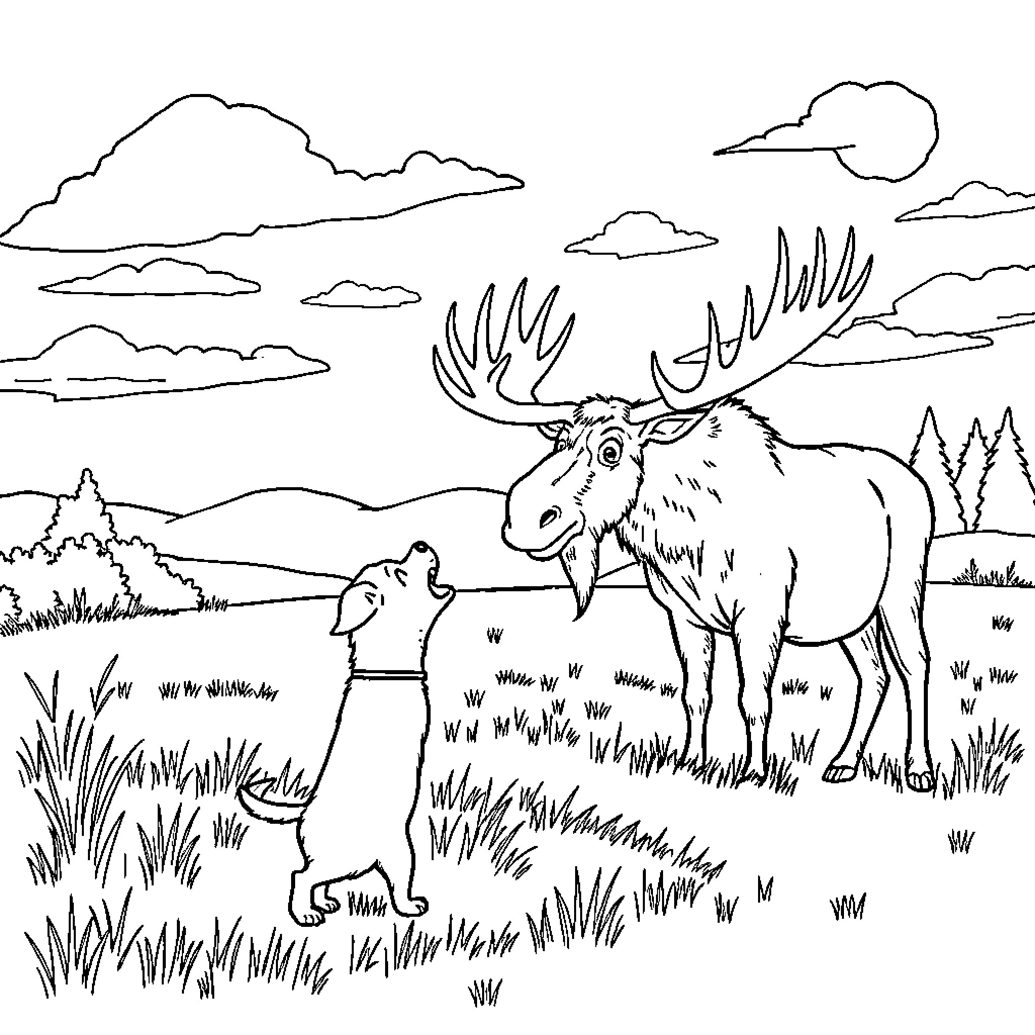 Dog and moose in scenic wilderness landscape Coloring Page (free black-and-white line drawing printable PDF for all, from beginners to advanced learners, including children, teens, adults, and seniors)