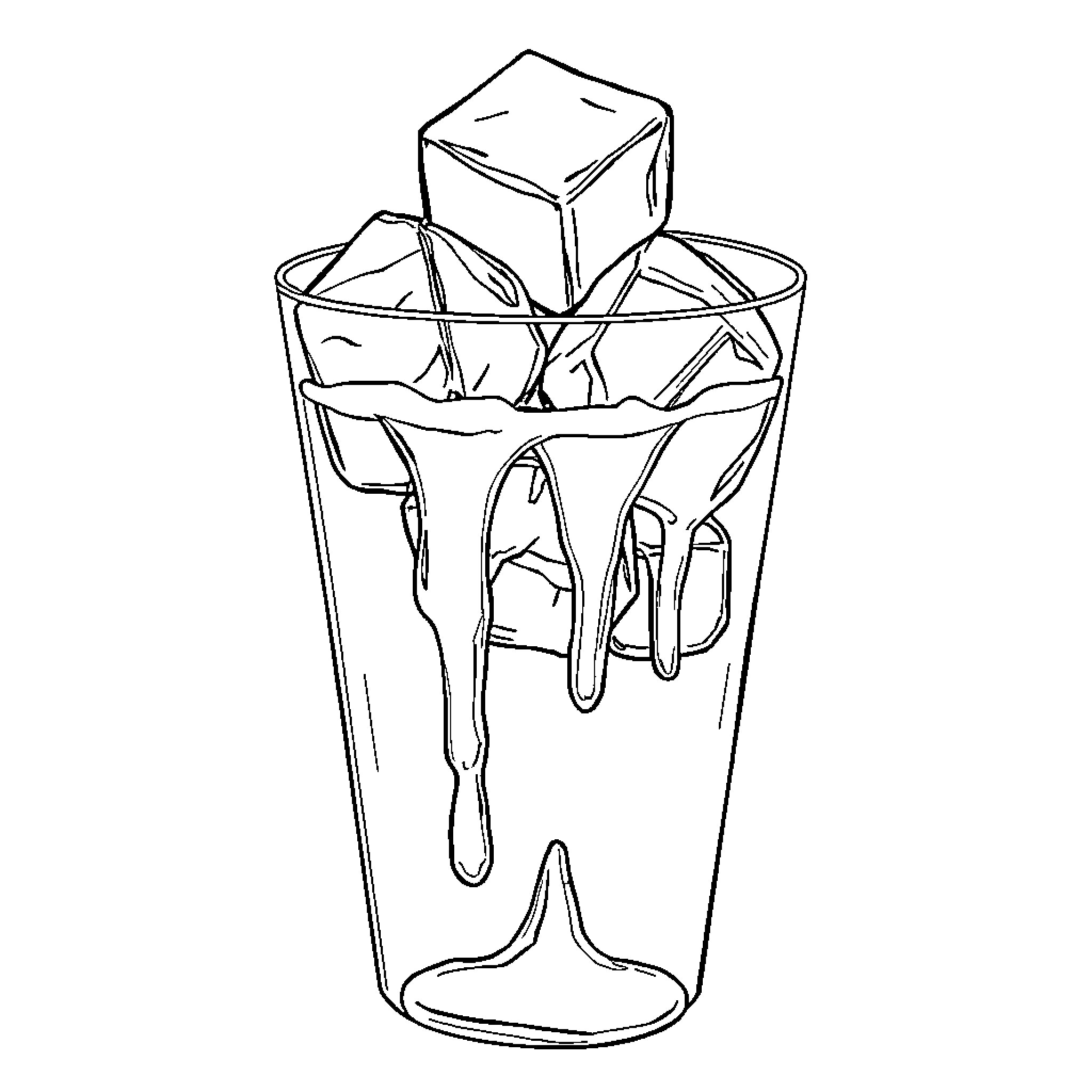 Ice Cube Melting in Glass Coloring Page (free black-and-white line drawing printable PDF for all, from beginners to advanced learners, including children, teens, adults, and seniors)