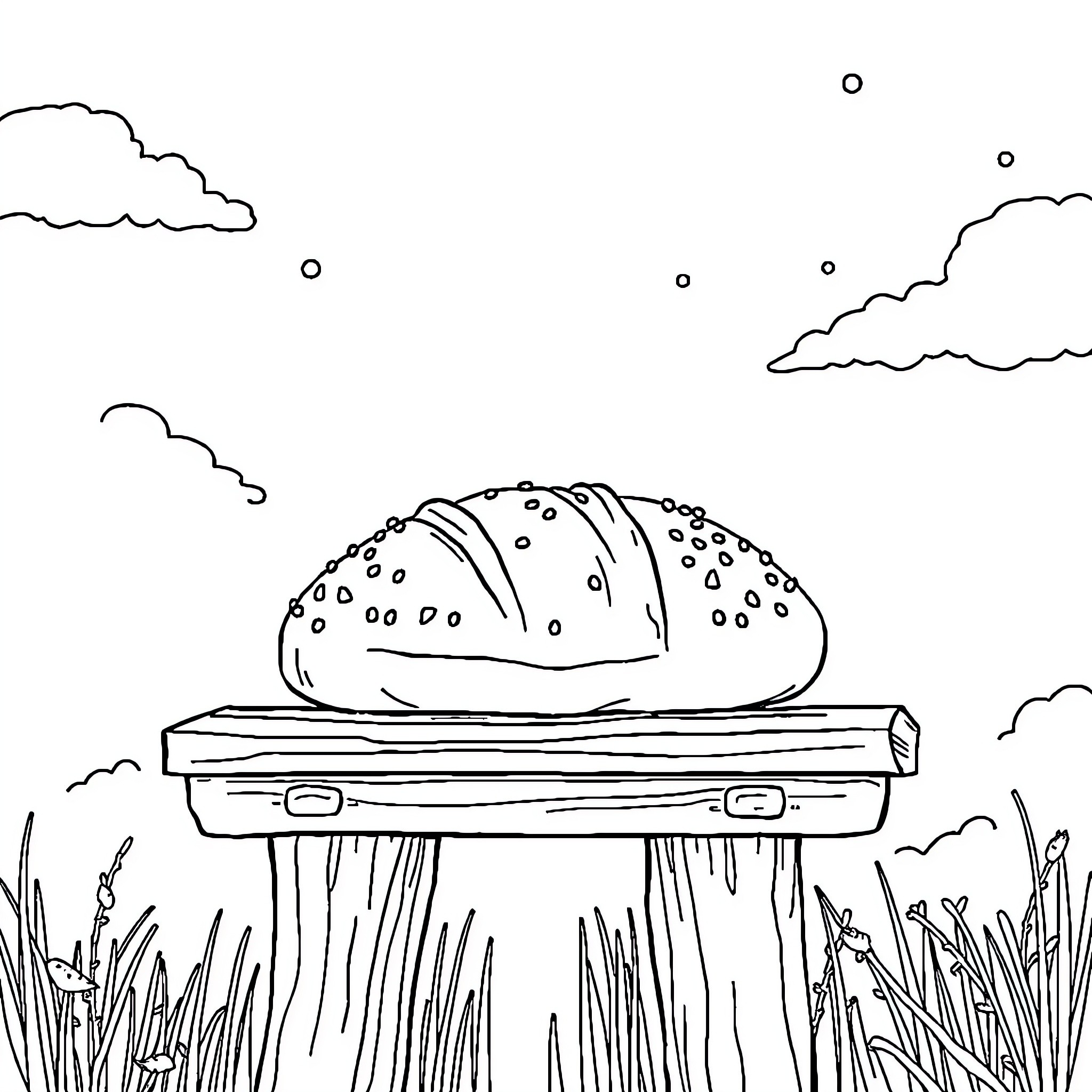 Gingerbread house in a grassy field Coloring Page (free black-and-white line drawing printable PDF for all, from beginners to advanced learners, including children, teens, adults, and seniors)