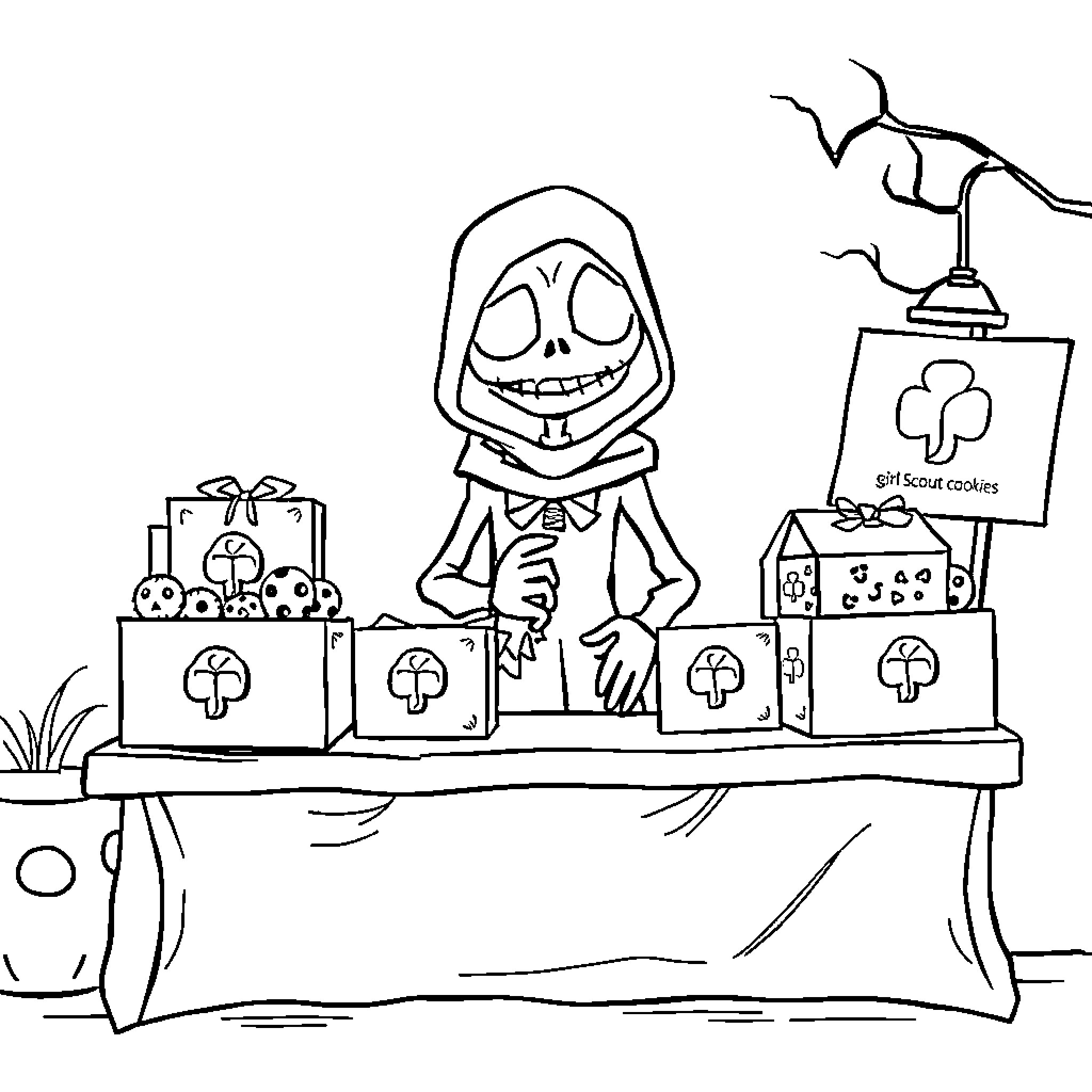 Ghoul selling sweets from a spooky stall Coloring Page (free black-and-white line drawing printable PDF for all, from beginners to advanced learners, including children, teens, adults, and seniors)