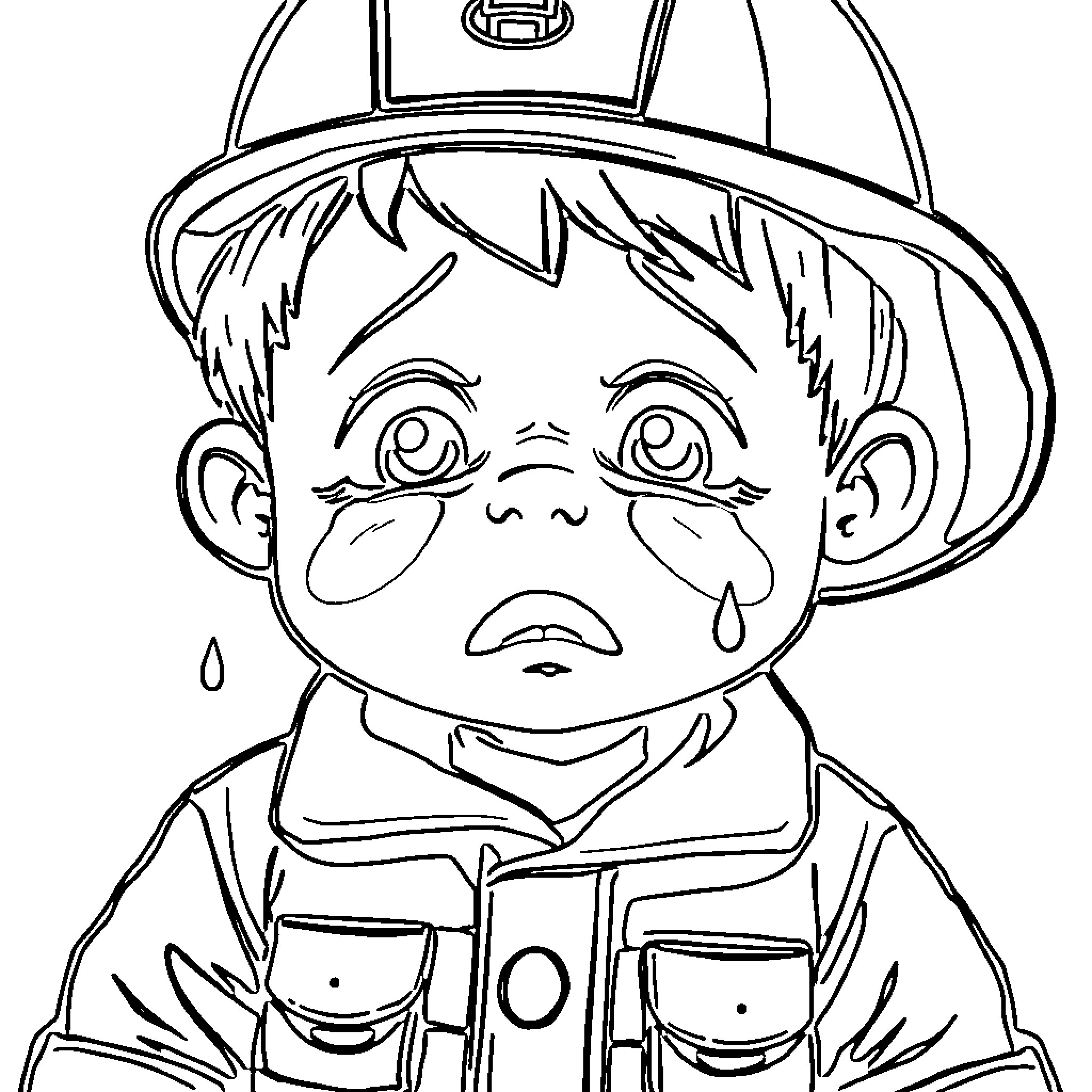 Boy in Firefighter Uniform Feeling Sad Coloring Page (free black-and-white line drawing printable PDF for all, from beginners to advanced learners, including children, teens, adults, and seniors)