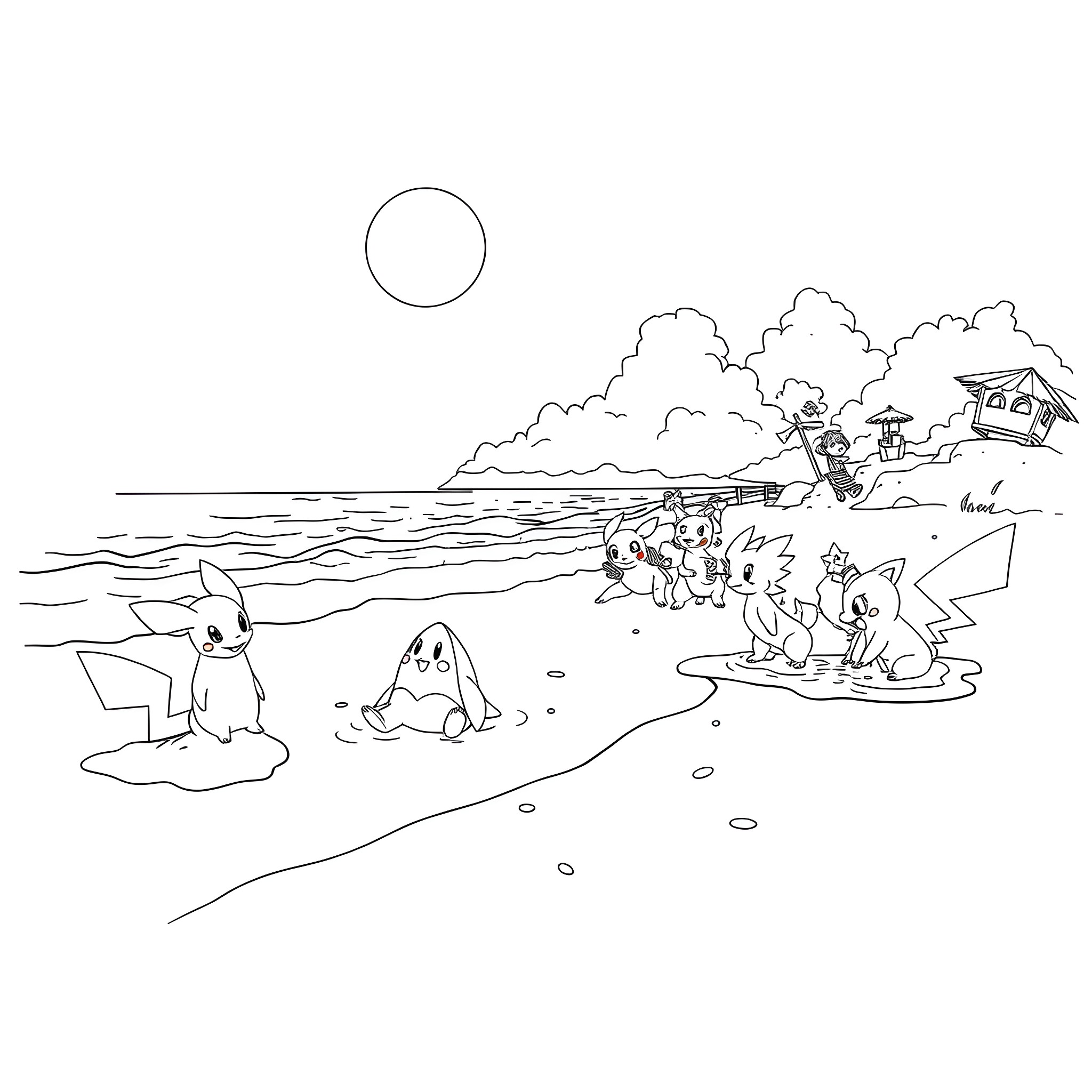 Pokémon characters enjoying a day at the beach Coloring Page (free black-and-white line drawing printable PDF for all, from beginners to advanced learners, including children, teens, adults, and seniors)