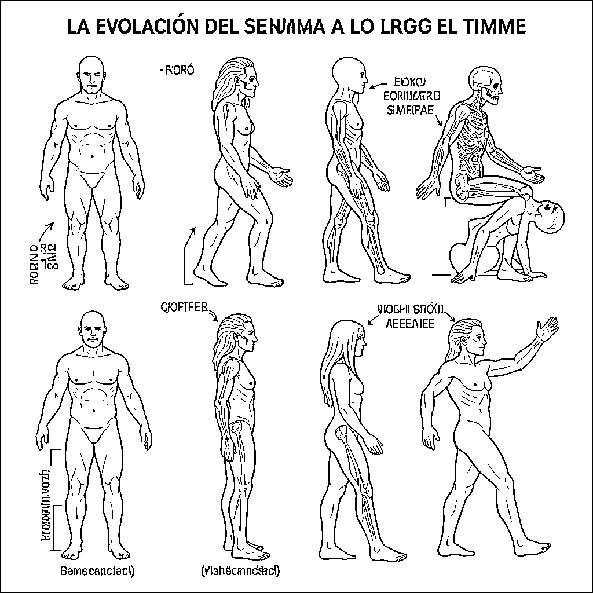 Human Evolution showing stages of walking and physical development Coloring Page (free black-and-white line drawing printable PDF for all, from beginners to advanced learners, including children, teens, adults, and seniors)