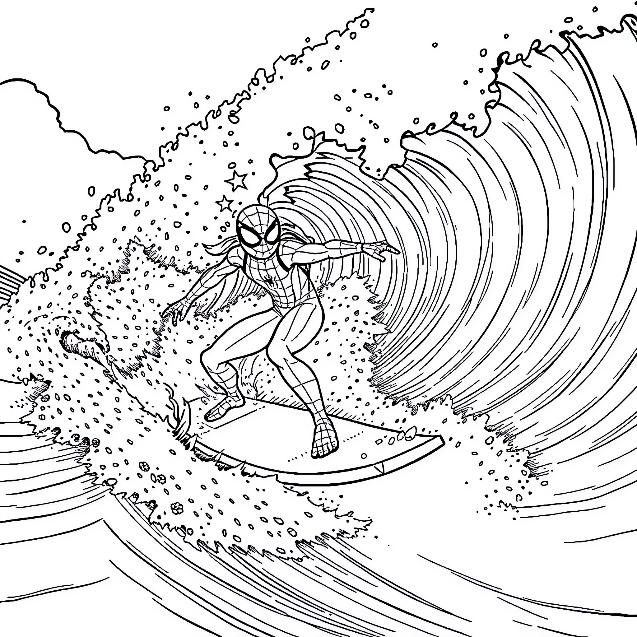 Paw Patrol Superhero Surfing on Massive Wave Coloring Page (free black-and-white line drawing printable PDF for all, from beginners to advanced learners, including children, teens, adults, and seniors)