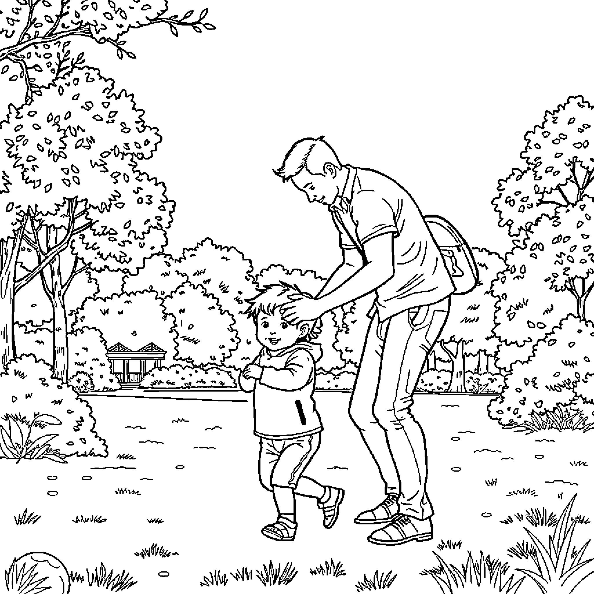 Man caring for young child in park Coloring Page (free black-and-white line drawing printable PDF for all, from beginners to advanced learners, including children, teens, adults, and seniors)