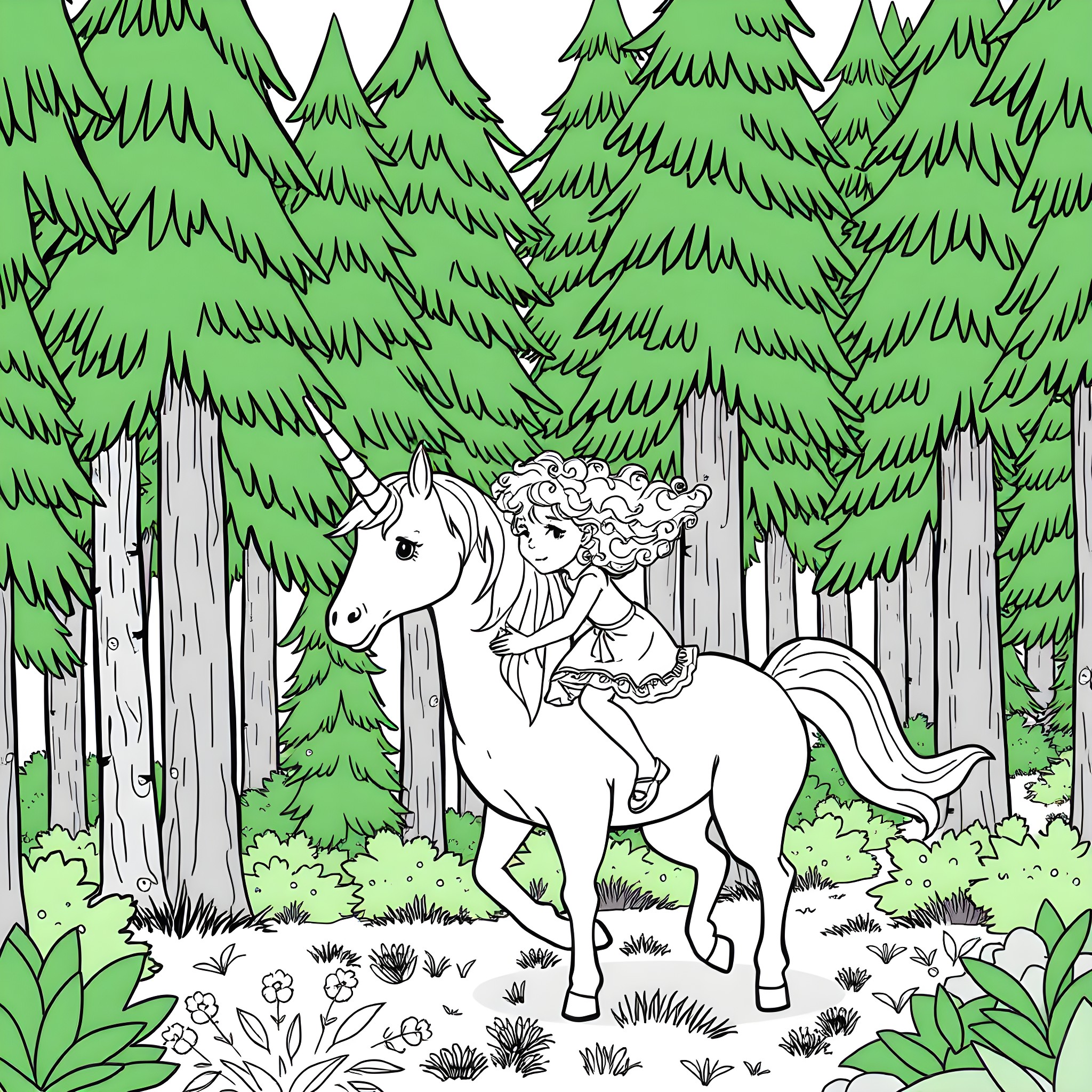 Girl riding a unicorn through the forest Coloring Page (free black-and-white line drawing printable PDF for all, from beginners to advanced learners, including children, teens, adults, and seniors)