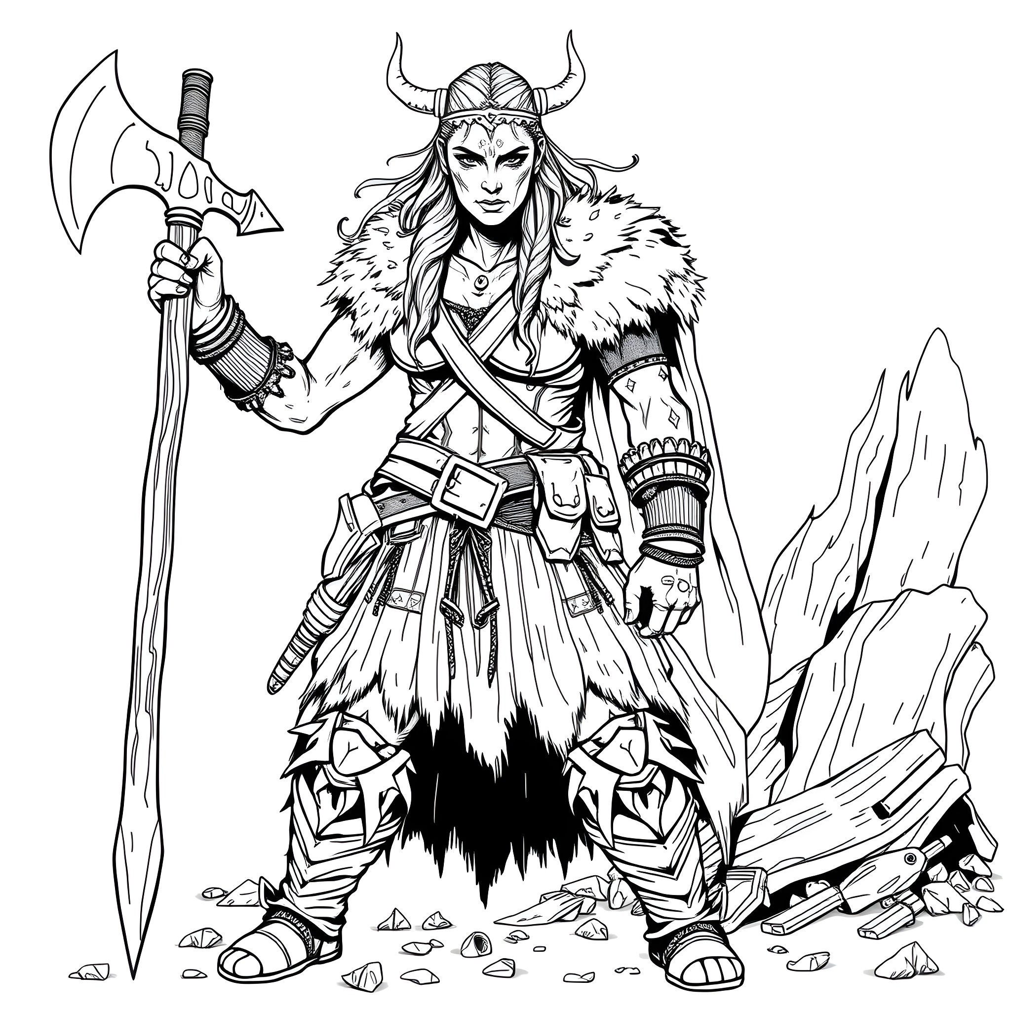 Viking Woman Warrior Wielding Axe in Rugged Landscape Coloring Page (free black-and-white line drawing printable PDF for all, from beginners to advanced learners, including children, teens, adults, and seniors)