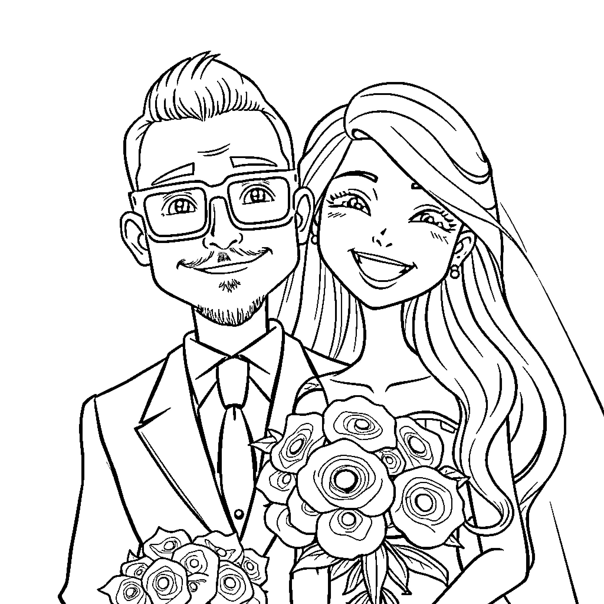 Couple in Formal Attire Smiling Together Coloring Page (free black-and-white line drawing printable PDF for all, from beginners to advanced learners, including children, teens, adults, and seniors)