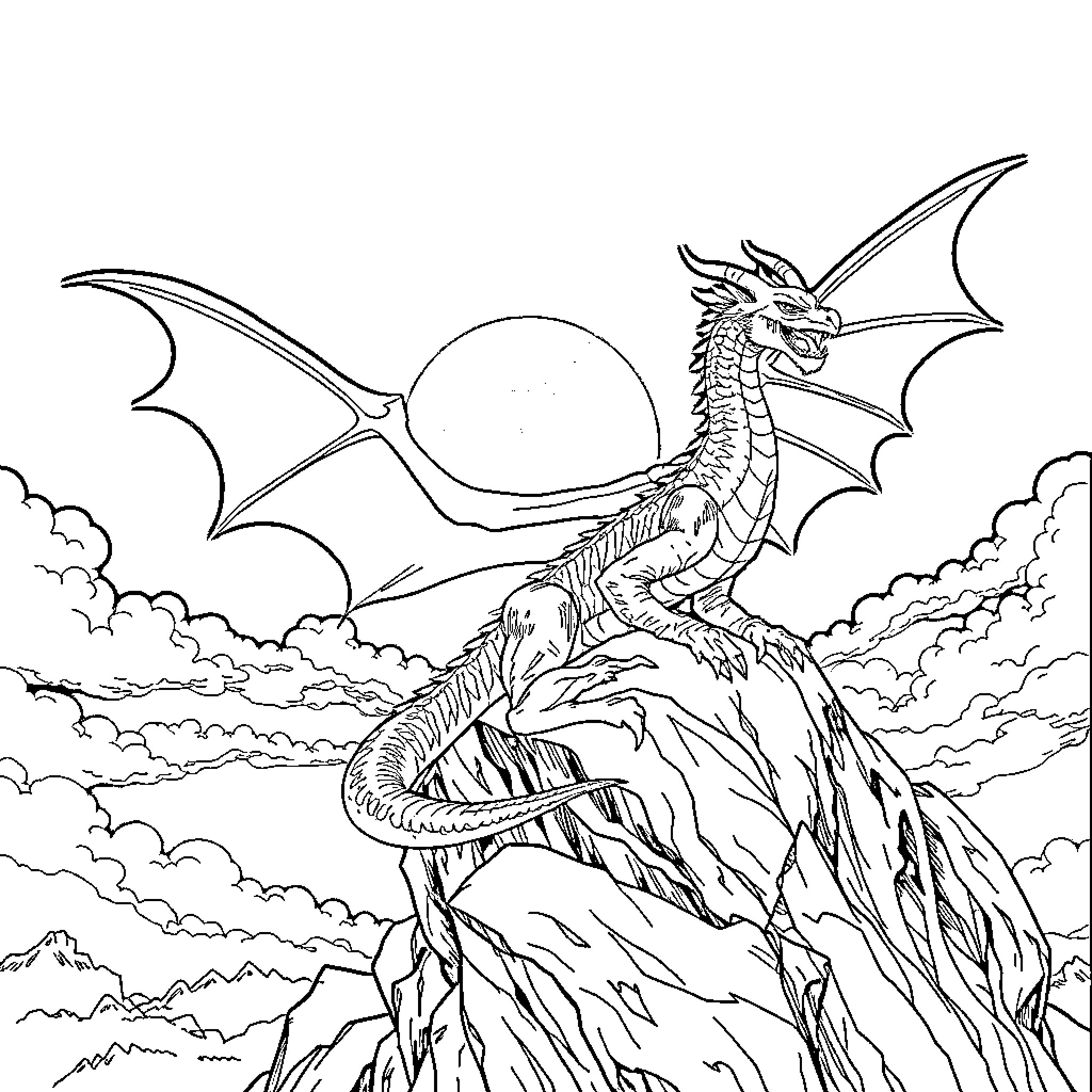 Dragon perched on a rocky cliff Coloring Page (free black-and-white line drawing printable PDF for all, from beginners to advanced learners, including children, teens, adults, and seniors)