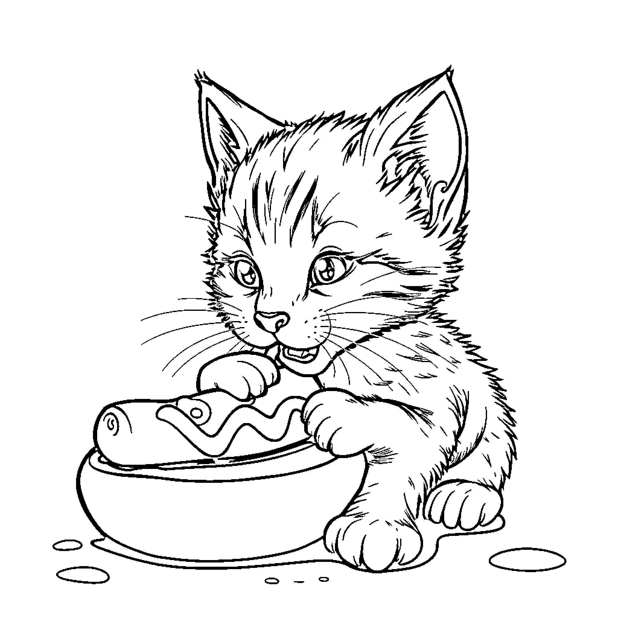 Cat enjoying a snack from a bowl Coloring Page (free black-and-white line drawing printable PDF for all, from beginners to advanced learners, including children, teens, adults, and seniors)