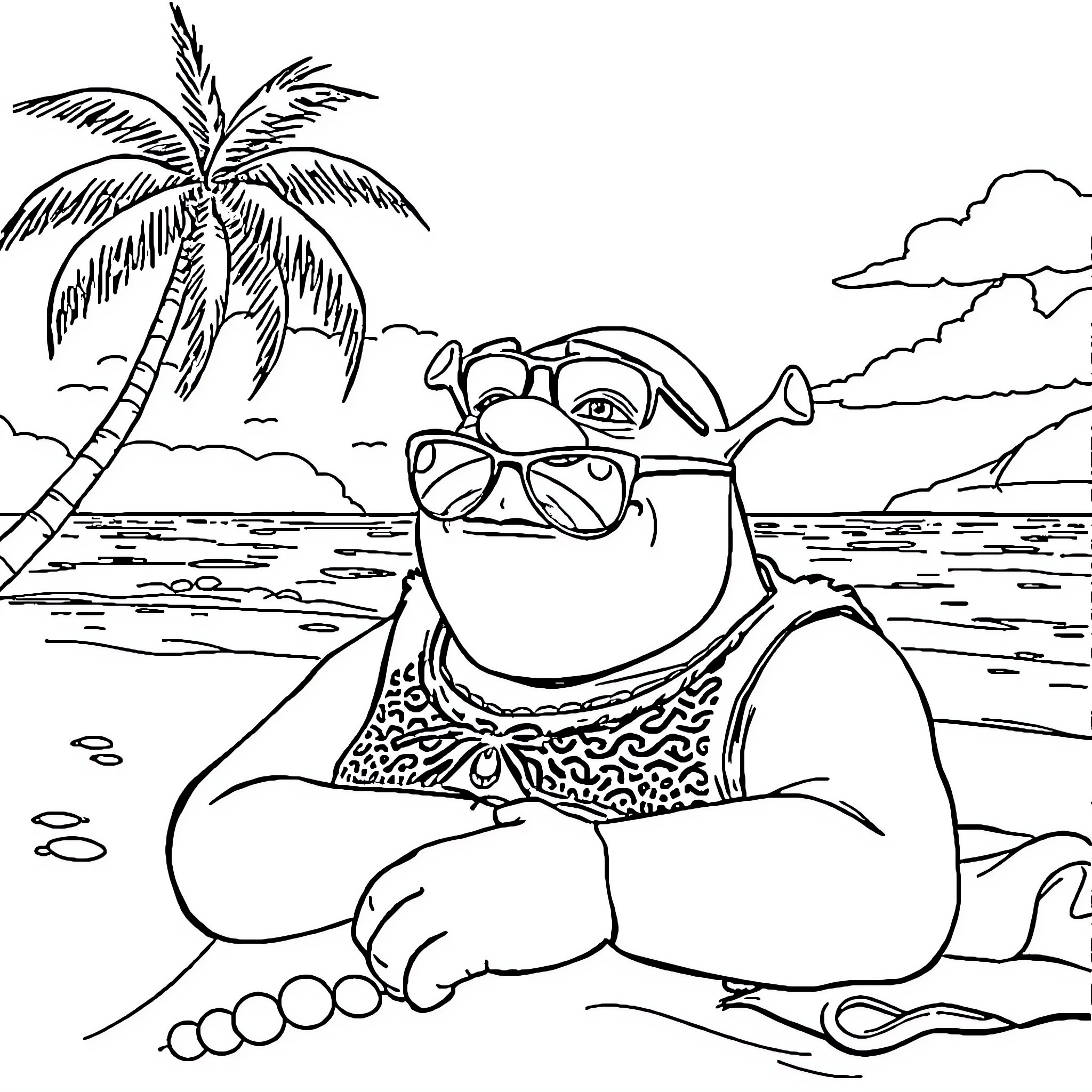 Shrek relaxing on the beach Coloring Page (free black-and-white line drawing printable PDF for all, from beginners to advanced learners, including children, teens, adults, and seniors)