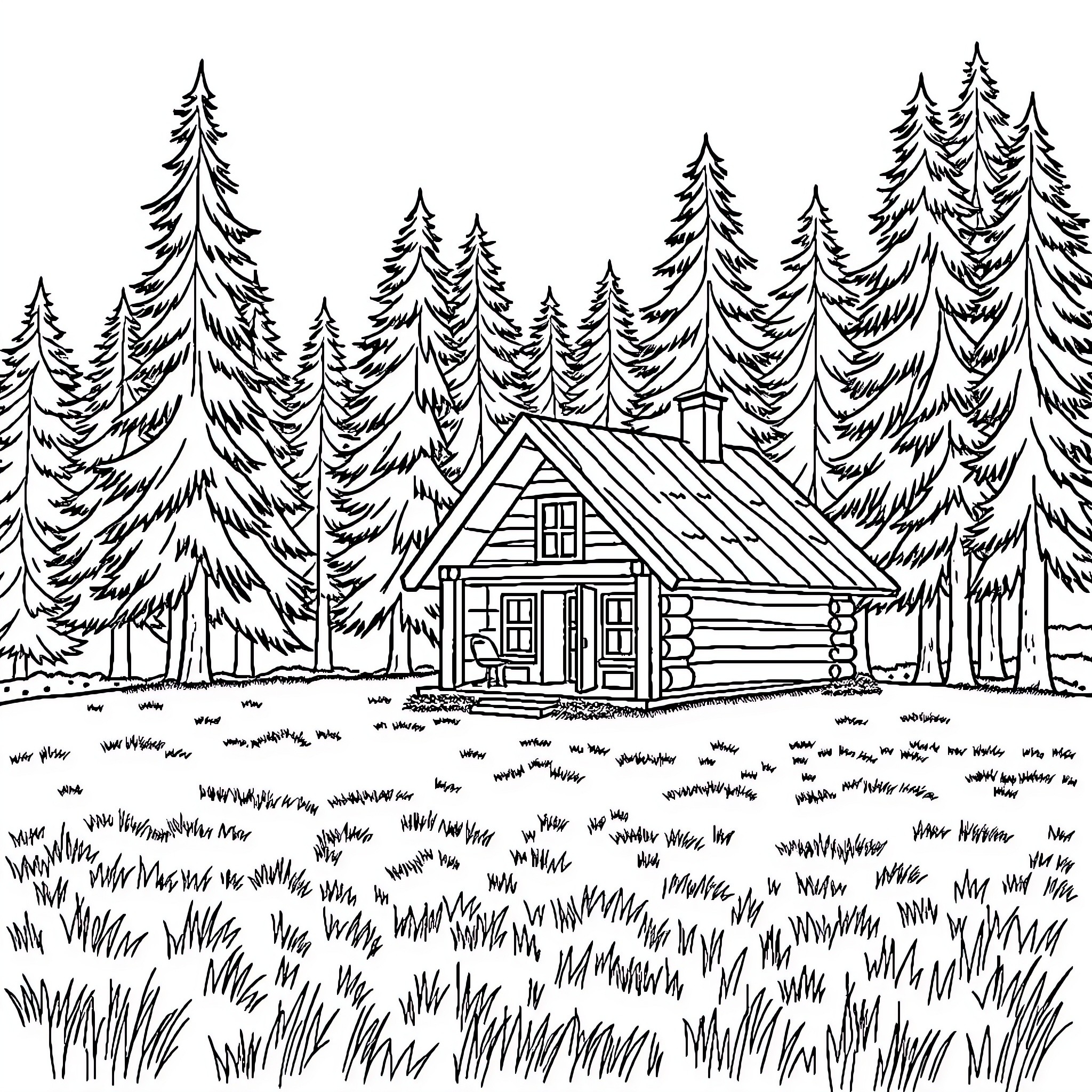 Log Cabin in the Snowy Forest Landscape Coloring Page (free black-and-white line drawing printable PDF for all, from beginners to advanced learners, including children, teens, adults, and seniors)