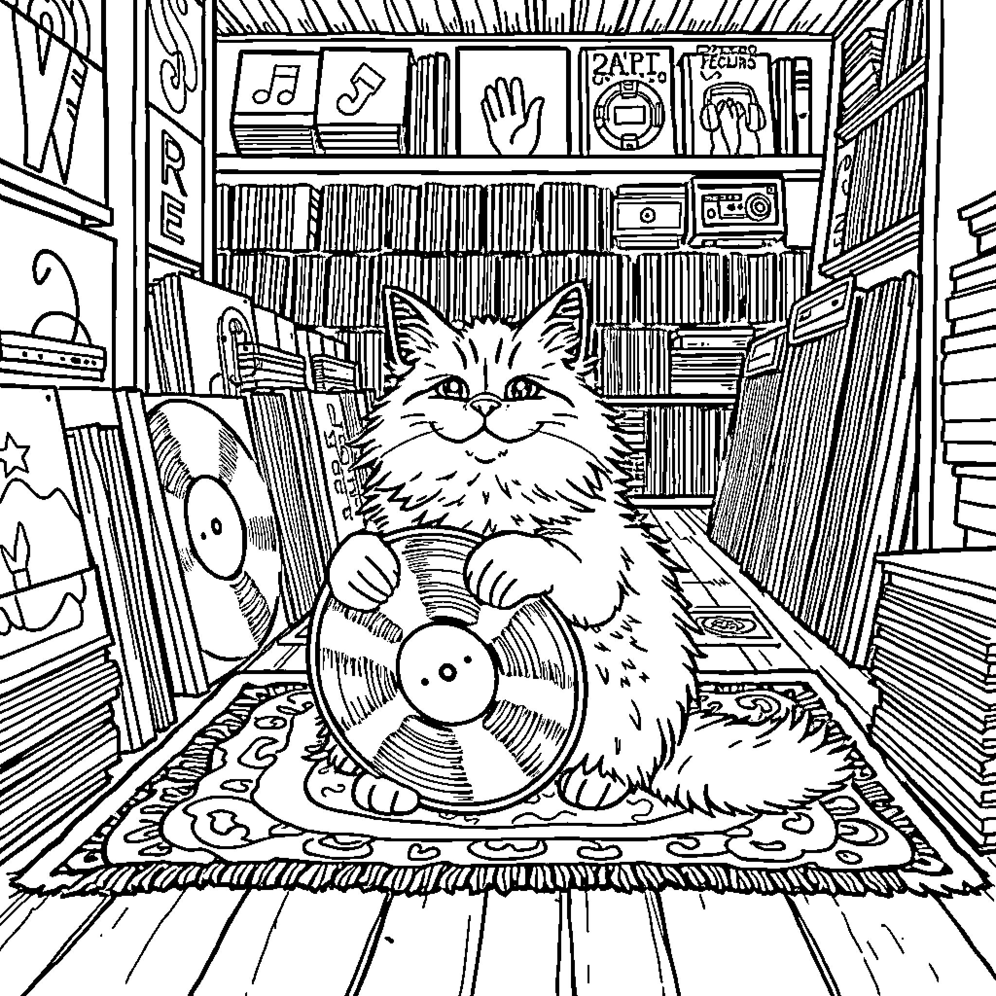 Cat Relaxing in Cozy Record Store Coloring Page (free black-and-white line drawing printable PDF for all, from beginners to advanced learners, including children, teens, adults, and seniors)