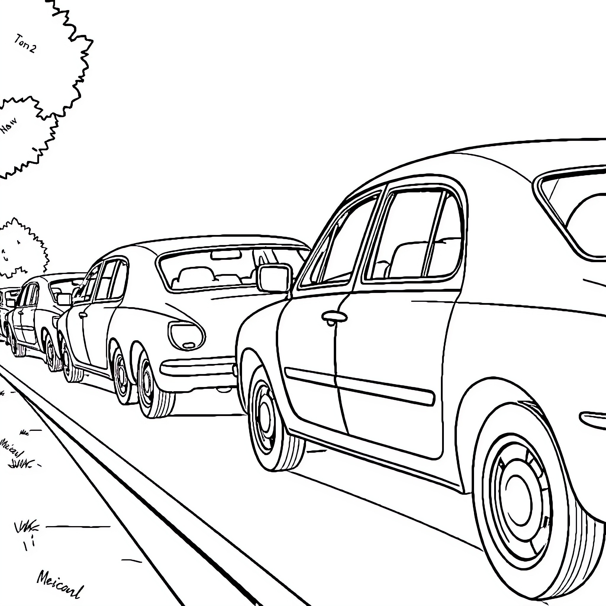 Cars driving on a road with trees Coloring Page (free black-and-white line drawing printable PDF for all, from beginners to advanced learners, including children, teens, adults, and seniors)