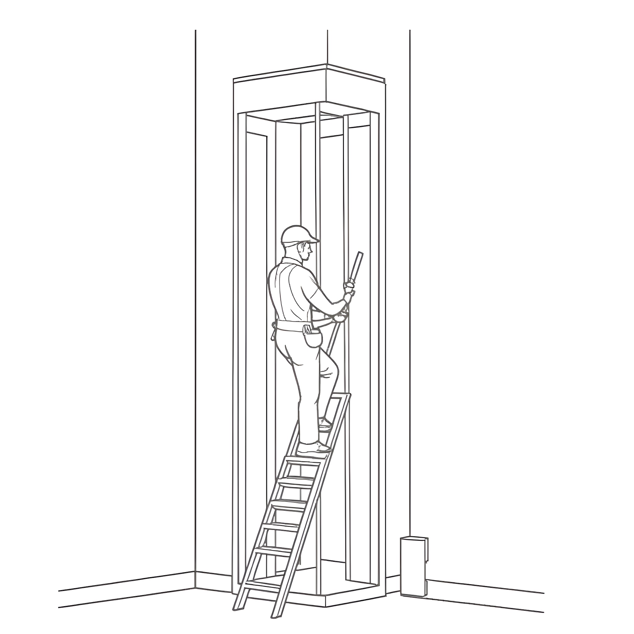 Elevator Mechanic Inspecting and Repairing Elevator System Coloring Page (free black-and-white line drawing printable PDF for all, from beginners to advanced learners, including children, teens, adults, and seniors)