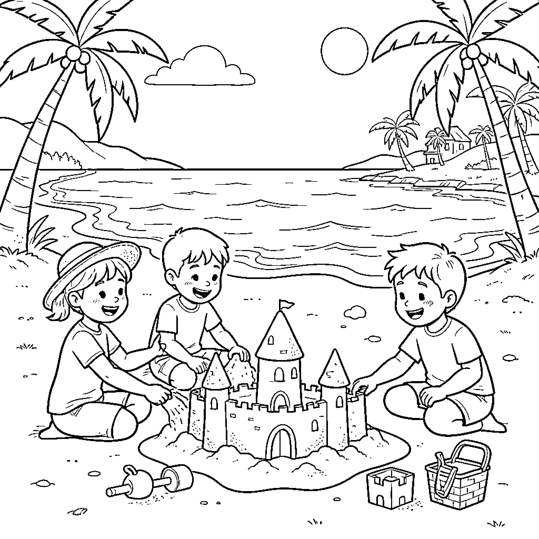 Family children building a sandcastle on the beach Coloring Page (free black-and-white line drawing printable PDF for all, from beginners to advanced learners, including children, teens, adults, and seniors)