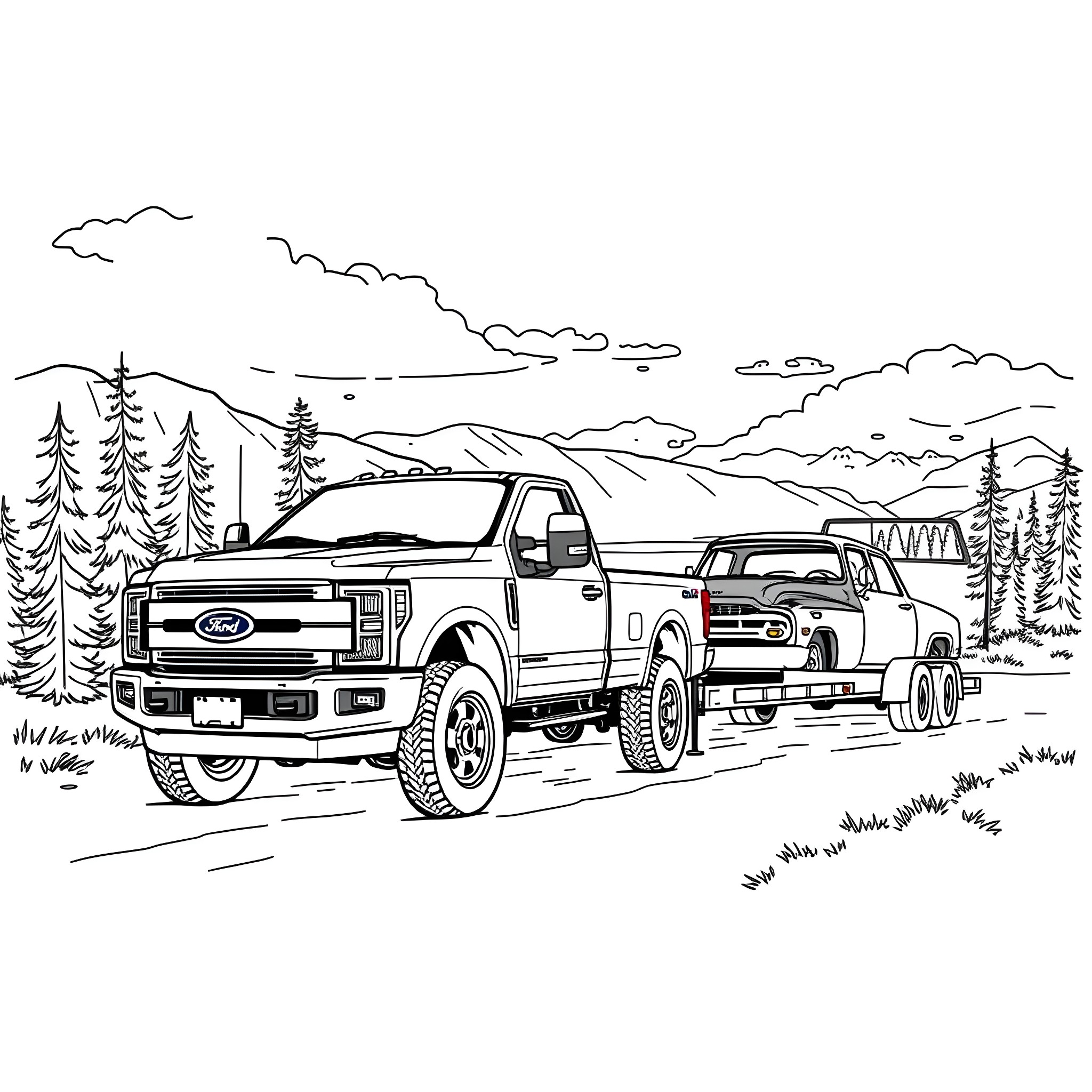 Truck Towing Trailer Through Mountainous Landscape Coloring Page (free black-and-white line drawing printable PDF for all, from beginners to advanced learners, including children, teens, adults, and seniors)