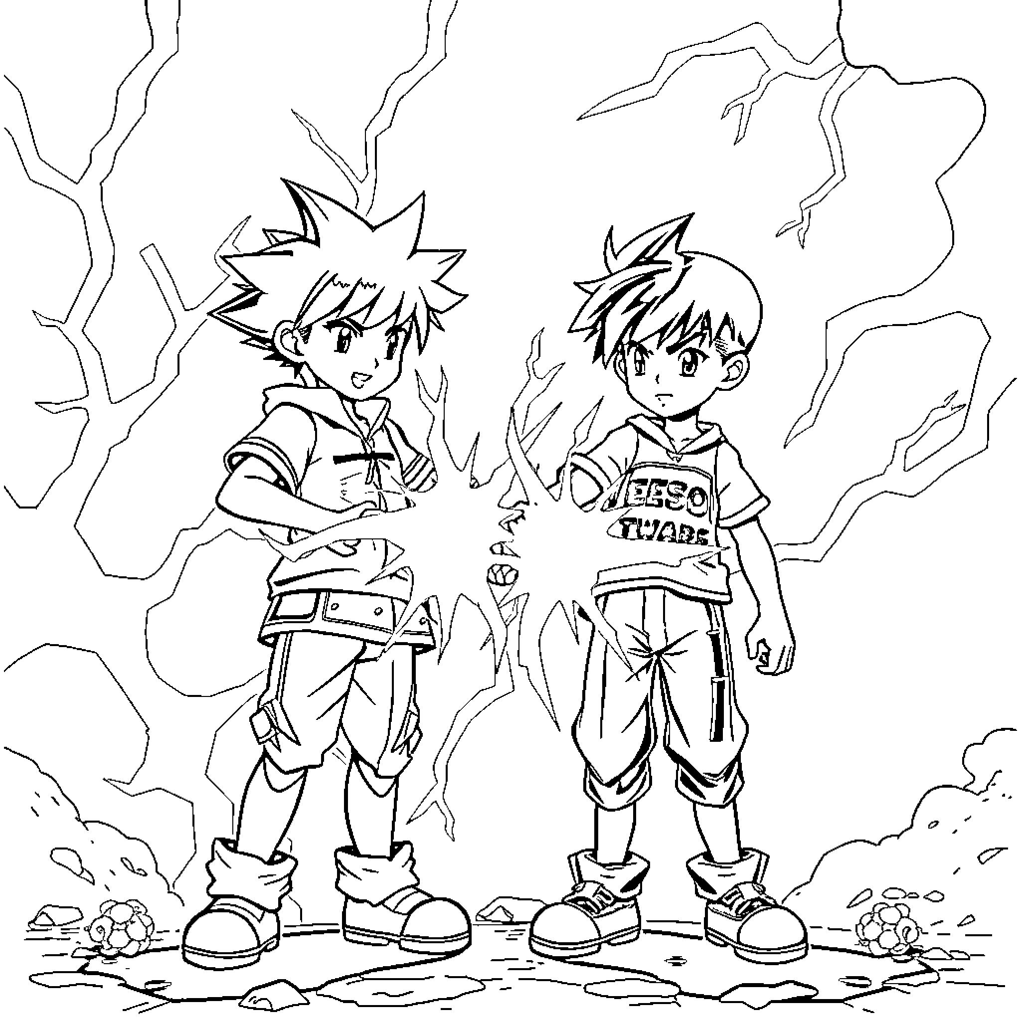 Ness and friend exploring mysterious terrain Coloring Page (free black-and-white line drawing printable PDF for all, from beginners to advanced learners, including children, teens, adults, and seniors)