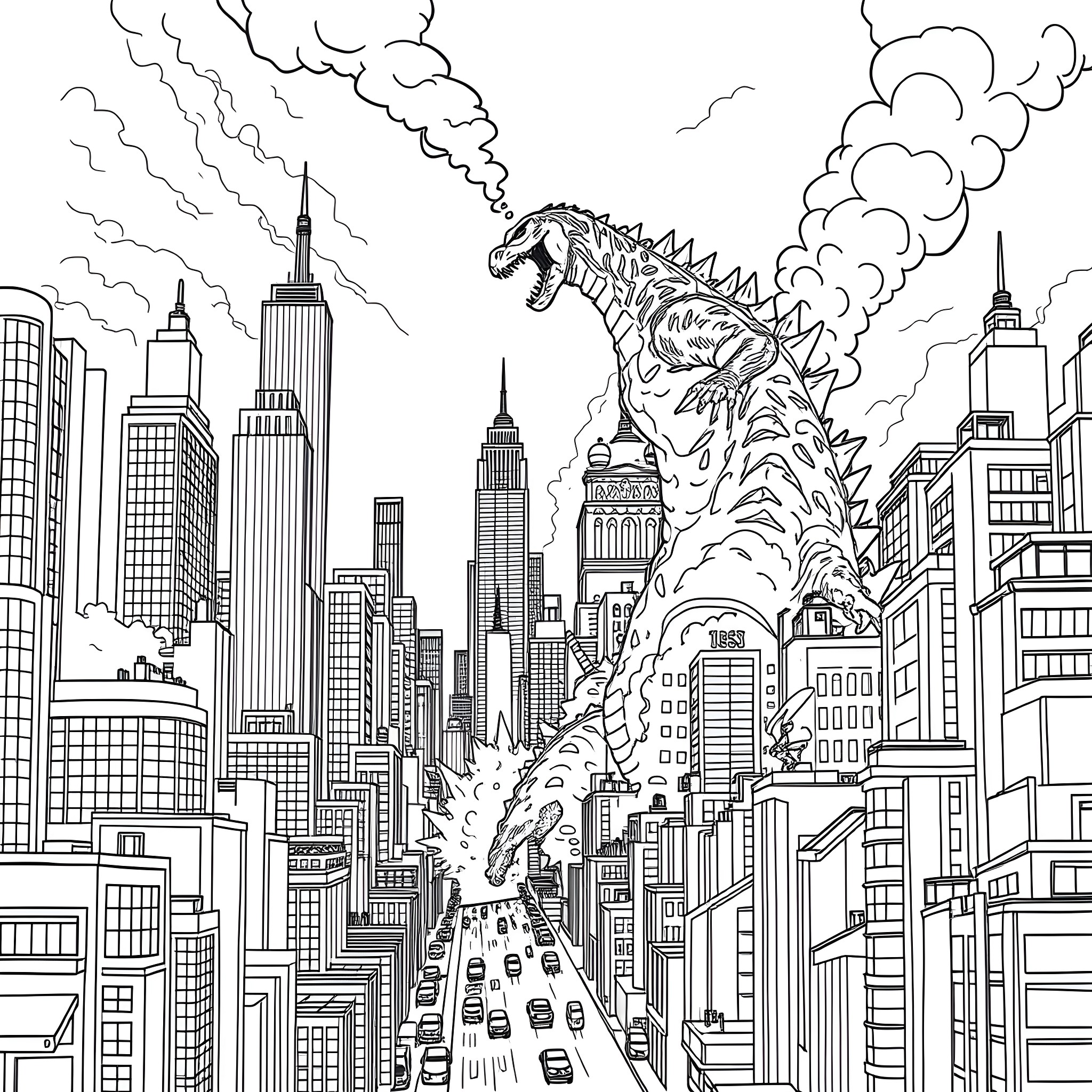 Catzilla Rampages Through the City Skyline Coloring Page (free black-and-white line drawing printable PDF for all, from beginners to advanced learners, including children, teens, adults, and seniors)