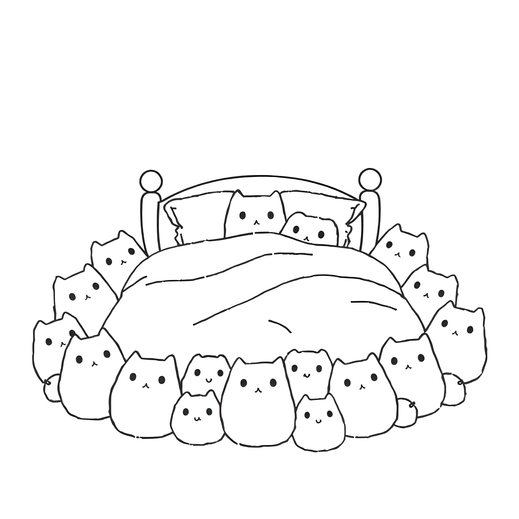 Squishmallow cats snuggling together on a bed Coloring Page (free black-and-white line drawing printable PDF for all, from beginners to advanced learners, including children, teens, adults, and seniors)