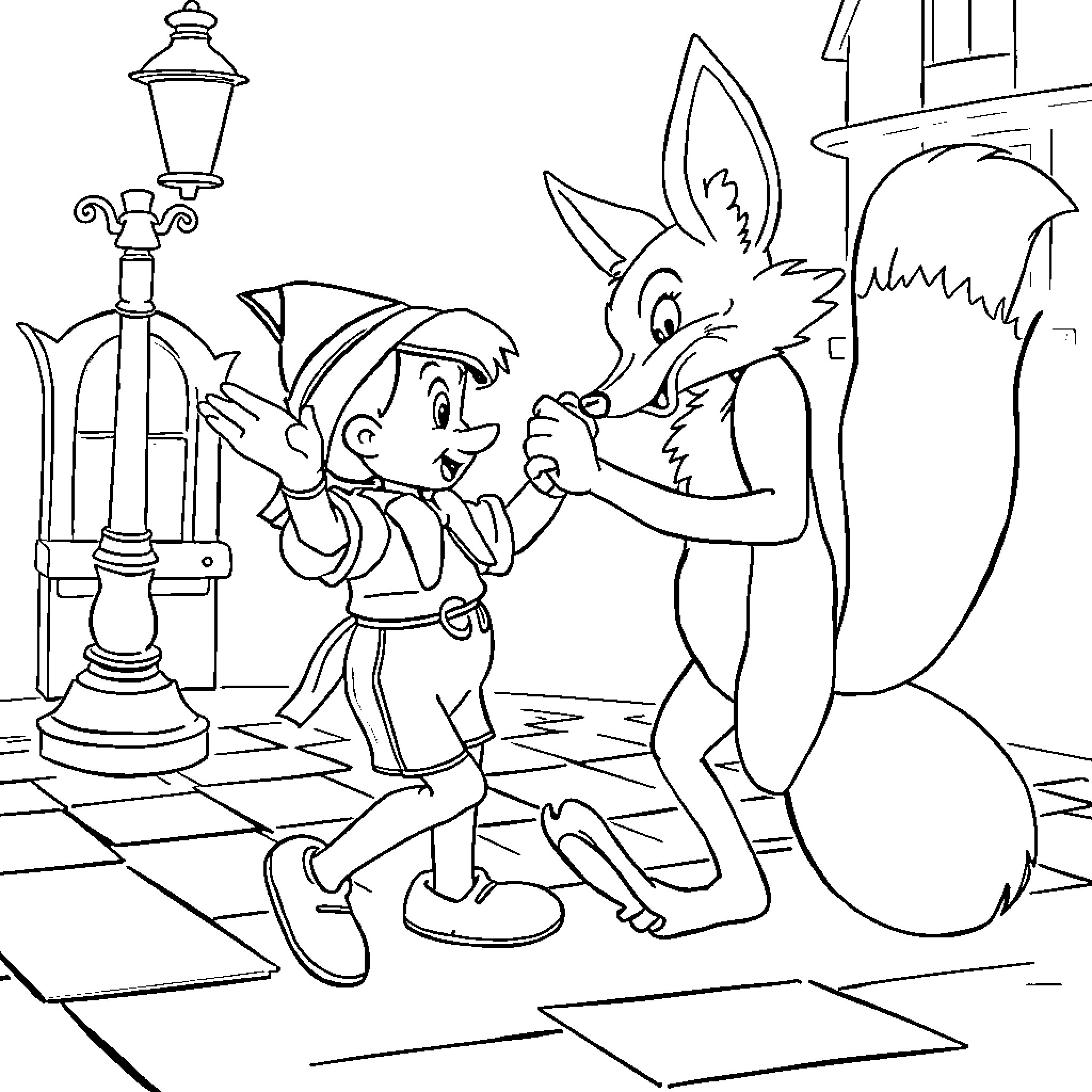 Pinocchio's Mischievous Encounter with the Cunning Fox Coloring Page (free black-and-white line drawing printable PDF for all, from beginners to advanced learners, including children, teens, adults, and seniors)