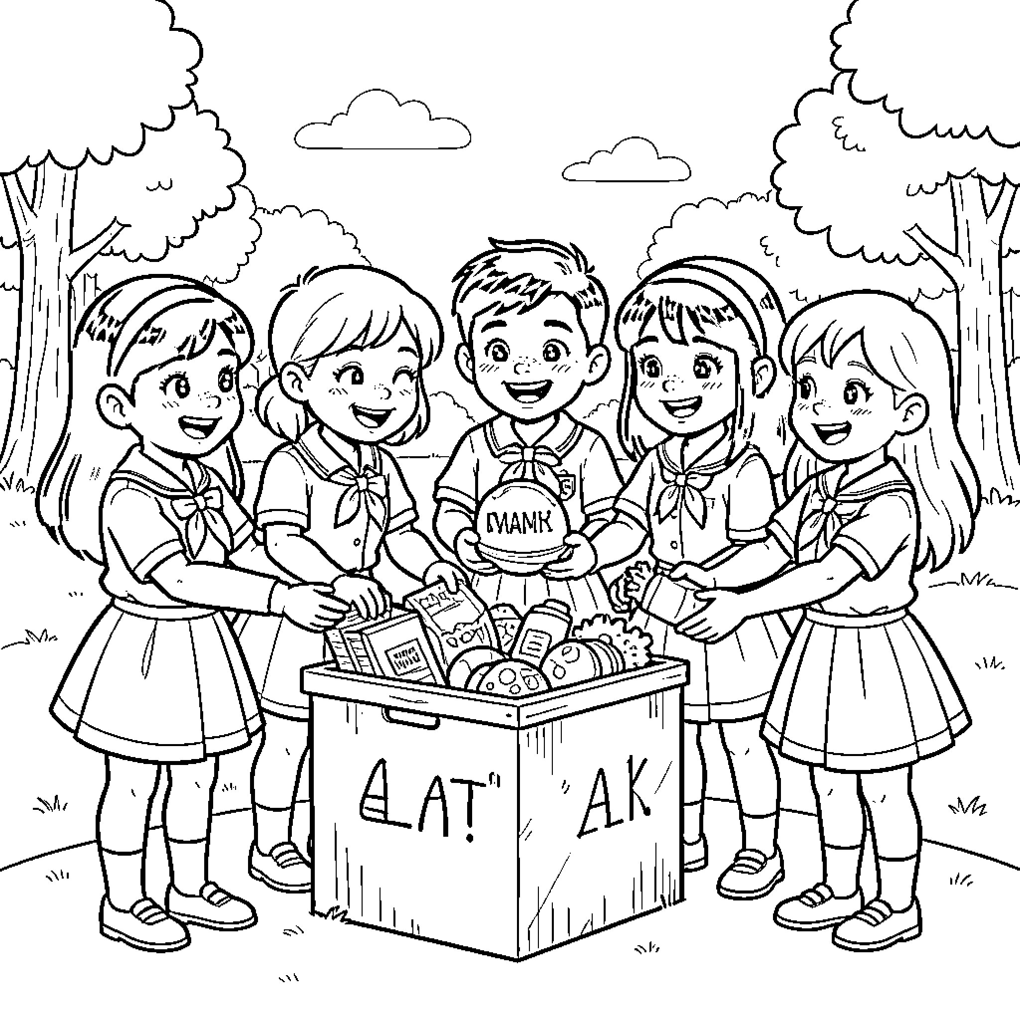 Rainbow Guide Scouts Volunteering at Food Drive Coloring Page (free black-and-white line drawing printable PDF for all, from beginners to advanced learners, including children, teens, adults, and seniors)