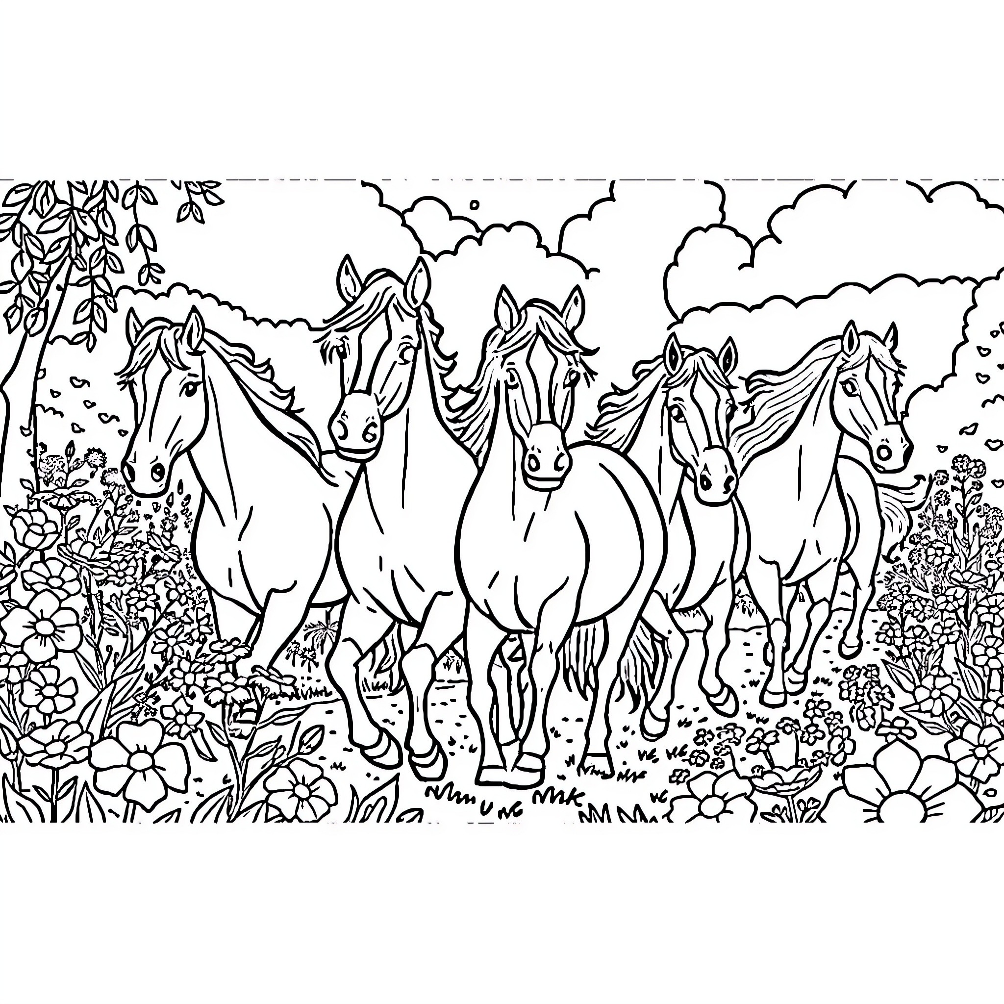 Horse herd galloping through floral meadow Coloring Page (free black-and-white line drawing printable PDF for all, from beginners to advanced learners, including children, teens, adults, and seniors)