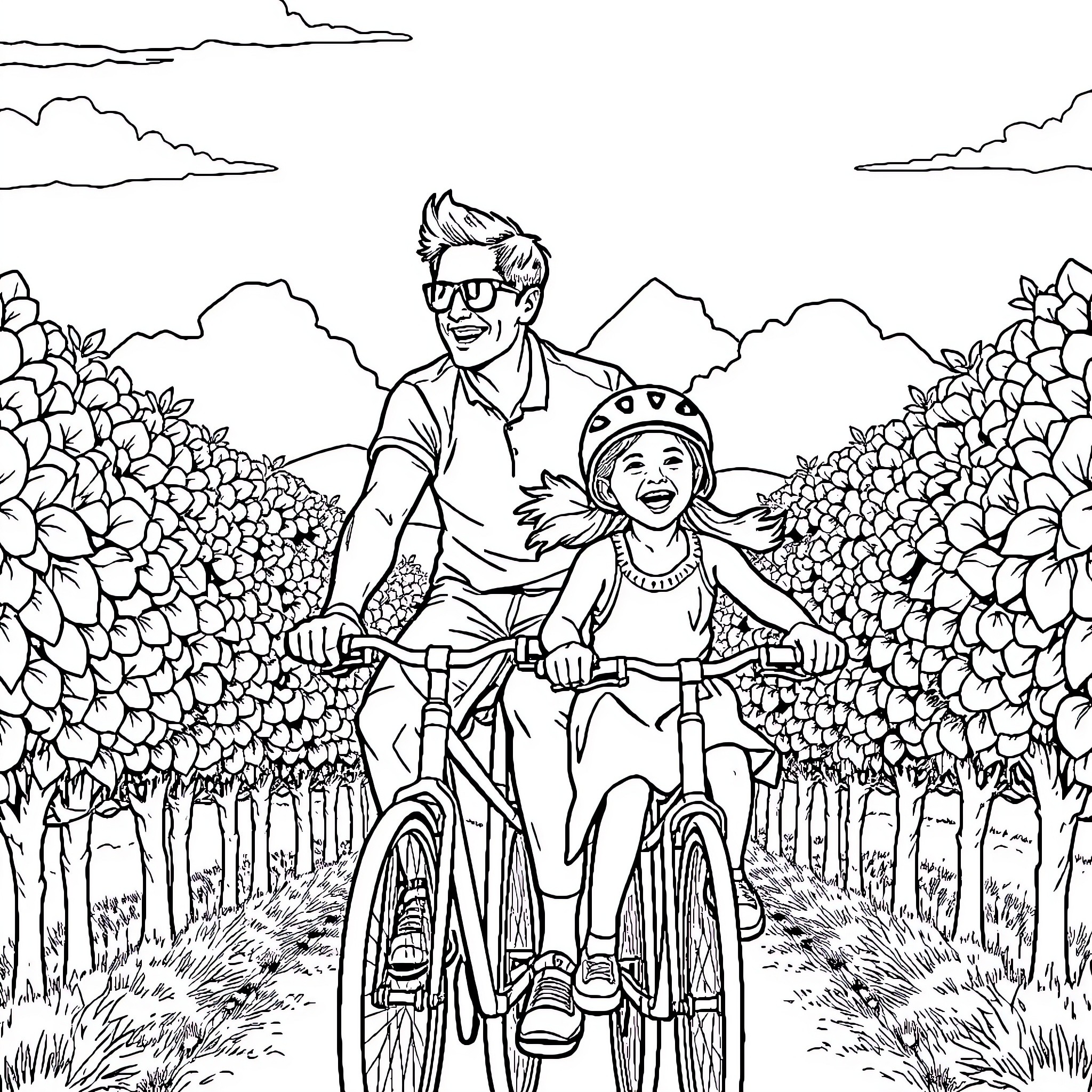 Father and child joyfully riding bicycle through countryside Coloring Page (free black-and-white line drawing printable PDF for all, from beginners to advanced learners, including children, teens, adults, and seniors)