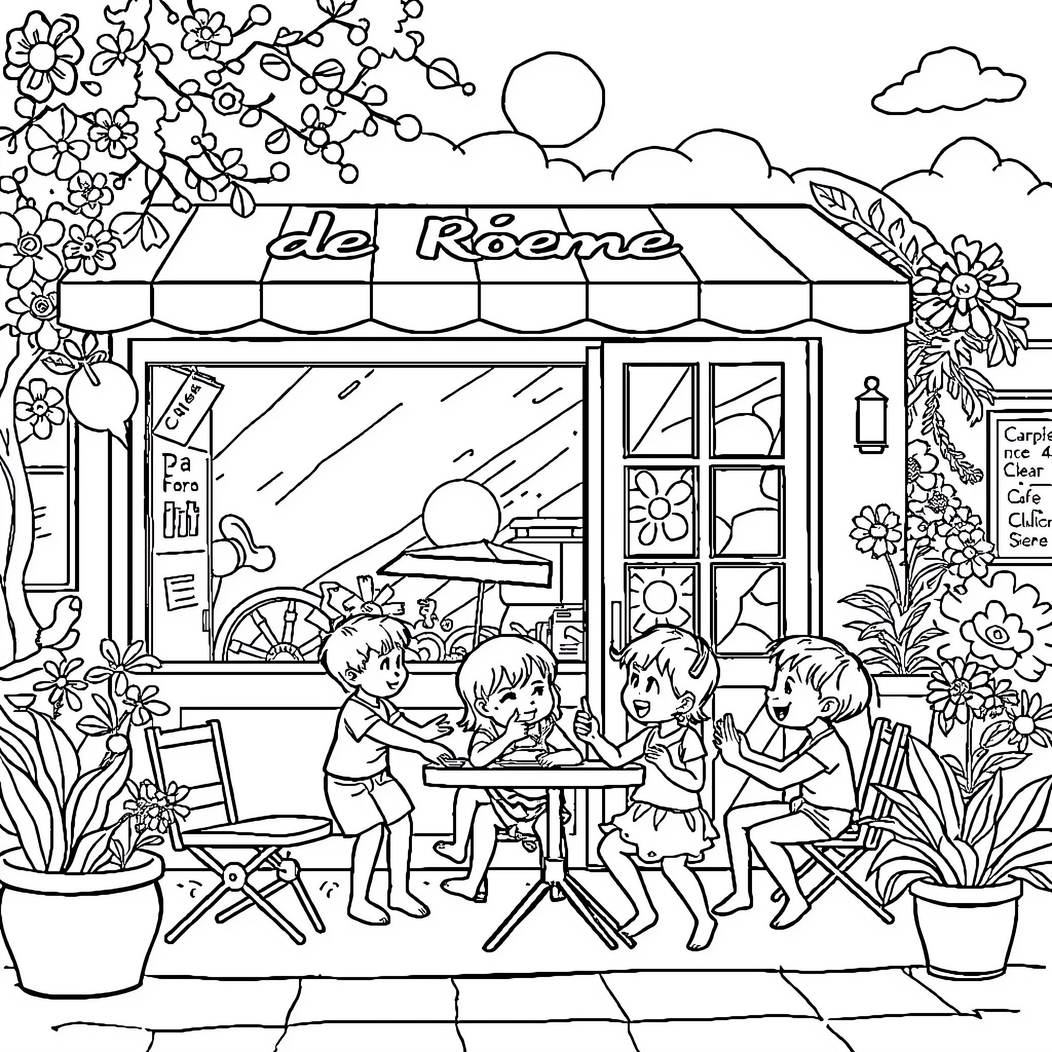 Kids enjoying a day at the cafe Coloring Page (free black-and-white line drawing printable PDF for all, from beginners to advanced learners, including children, teens, adults, and seniors)