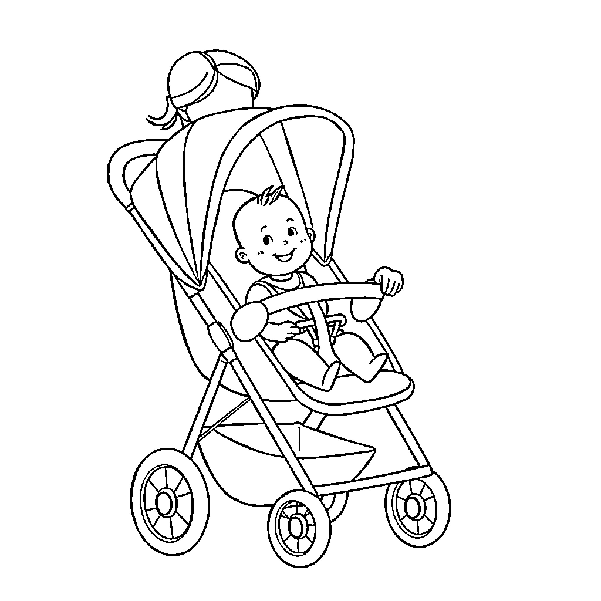 Baby sitting happily in stroller Coloring Page (free black-and-white line drawing printable PDF for all, from beginners to advanced learners, including children, teens, adults, and seniors)