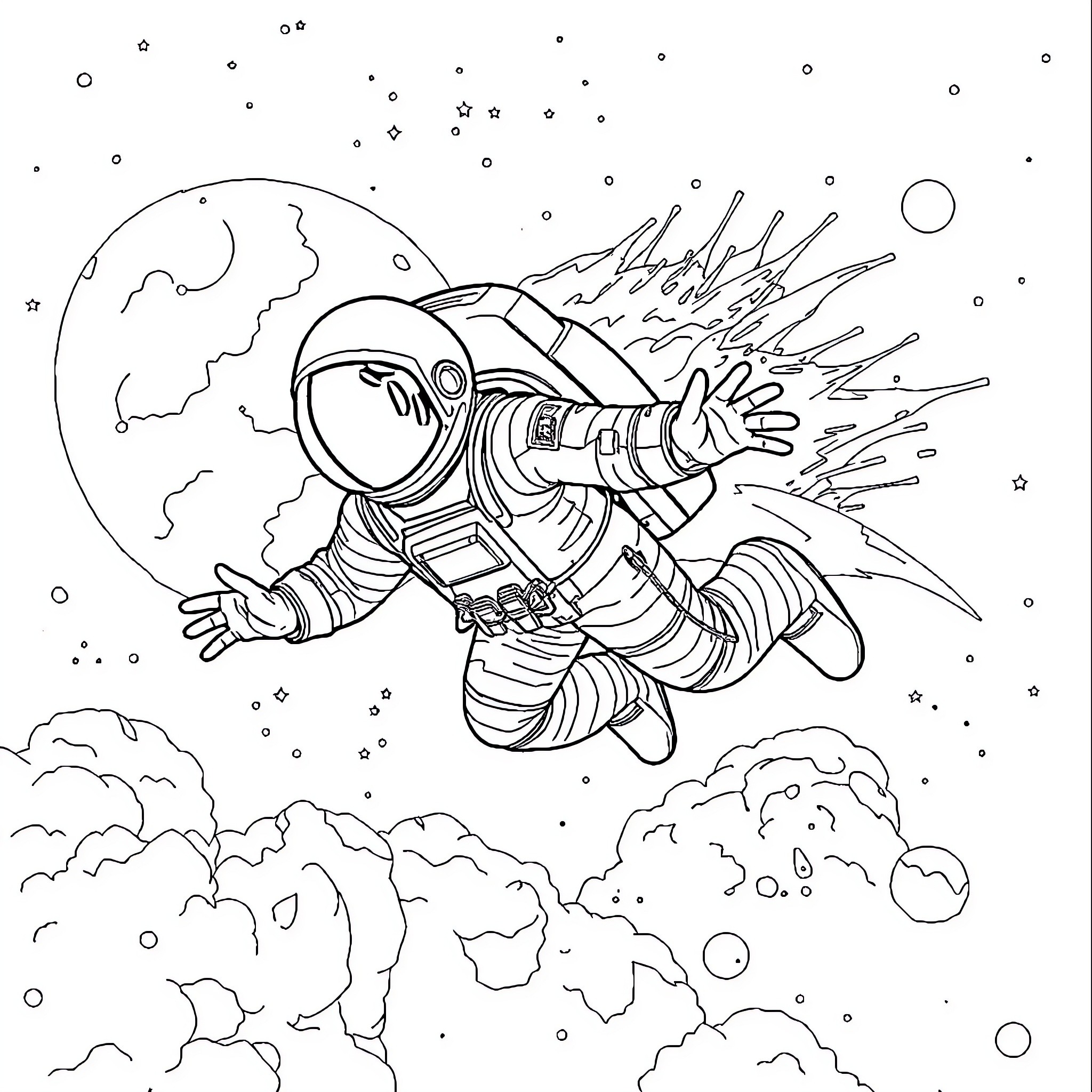 Astronaut floating in space amidst stars and planets Coloring Page (free black-and-white line drawing printable PDF for all, from beginners to advanced learners, including children, teens, adults, and seniors)