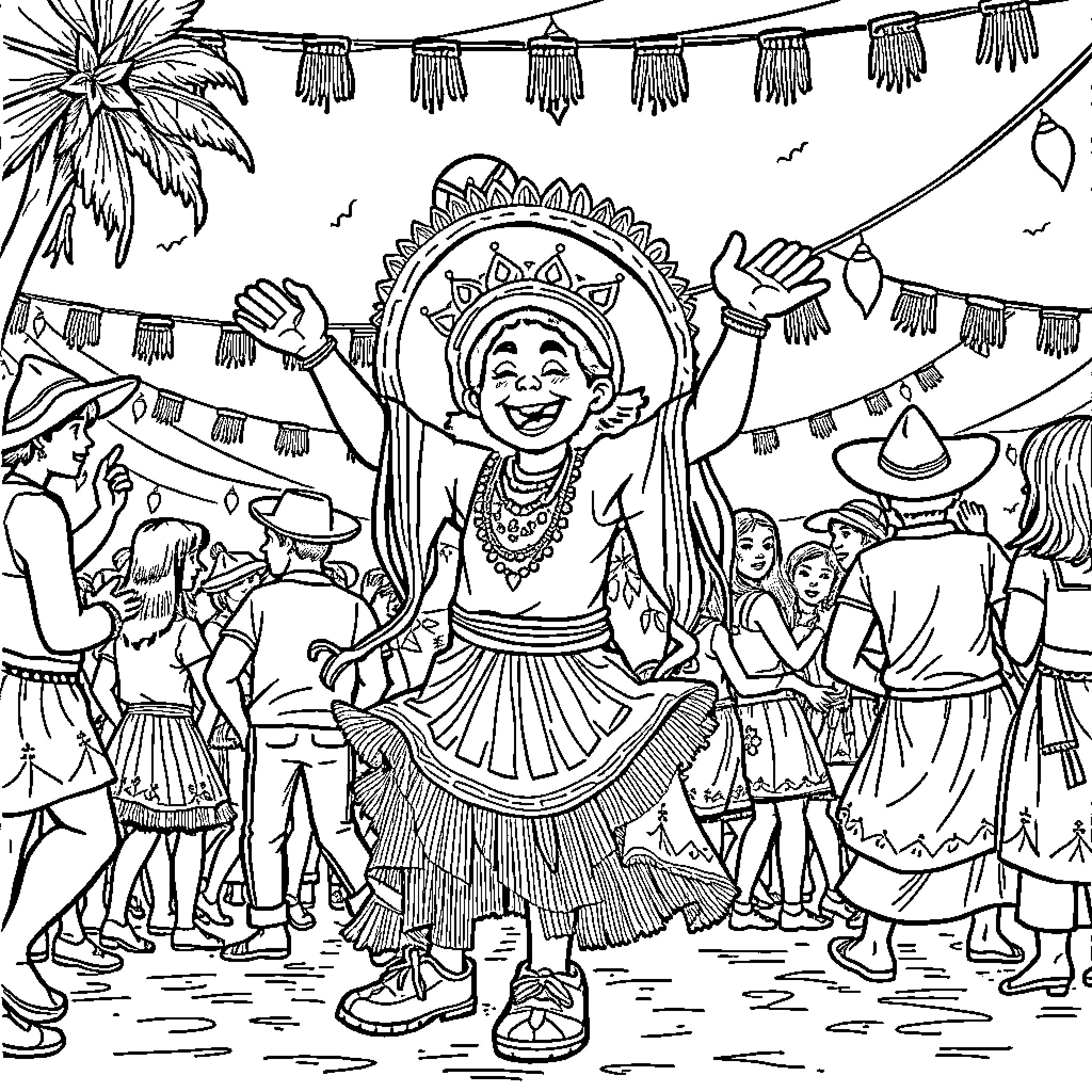 Ninochico celebrating at a vibrant cultural festival Coloring Page (free black-and-white line drawing printable PDF for all, from beginners to advanced learners, including children, teens, adults, and seniors)