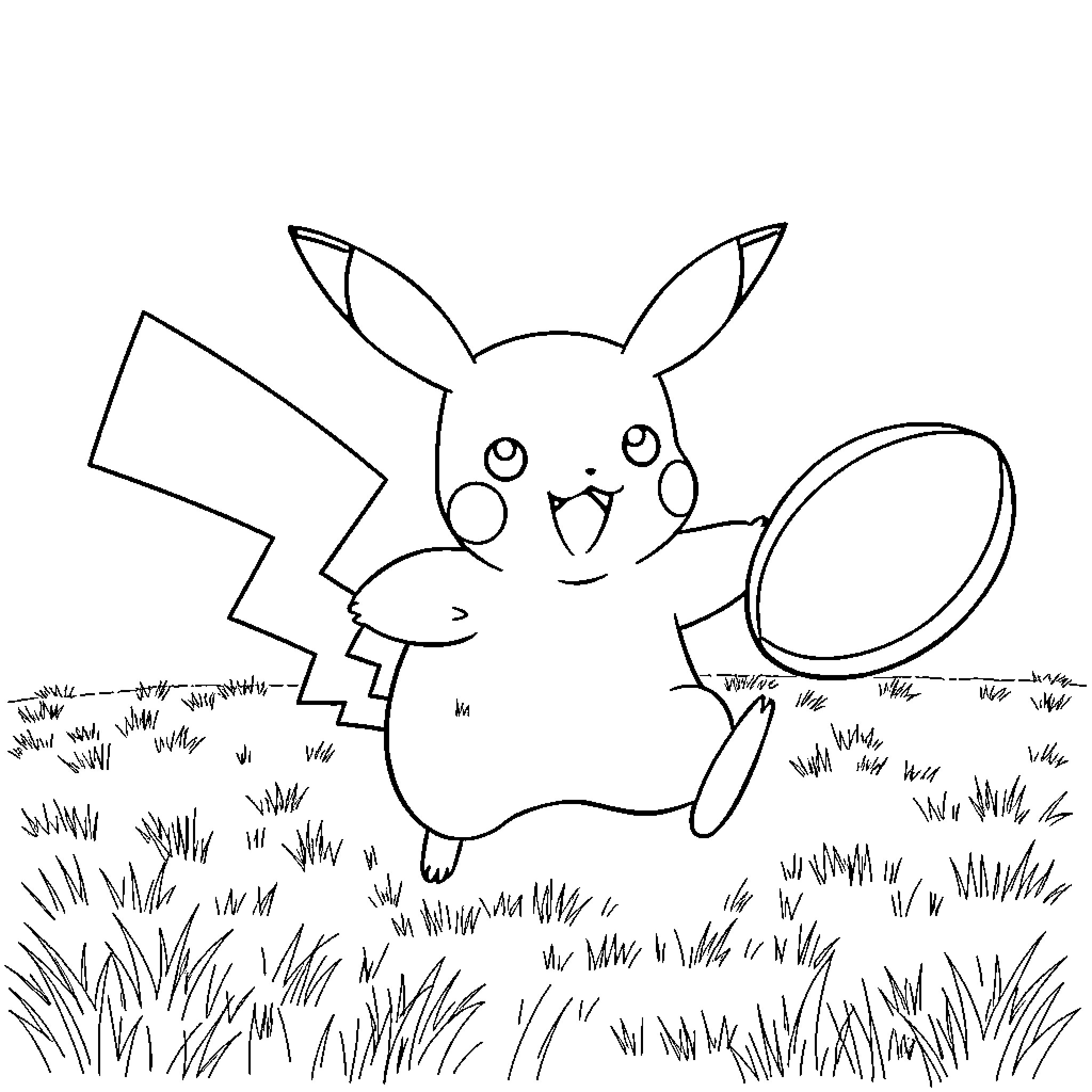 Pikachu exploring the grassy meadow Coloring Page (free black-and-white line drawing printable PDF for all, from beginners to advanced learners, including children, teens, adults, and seniors)