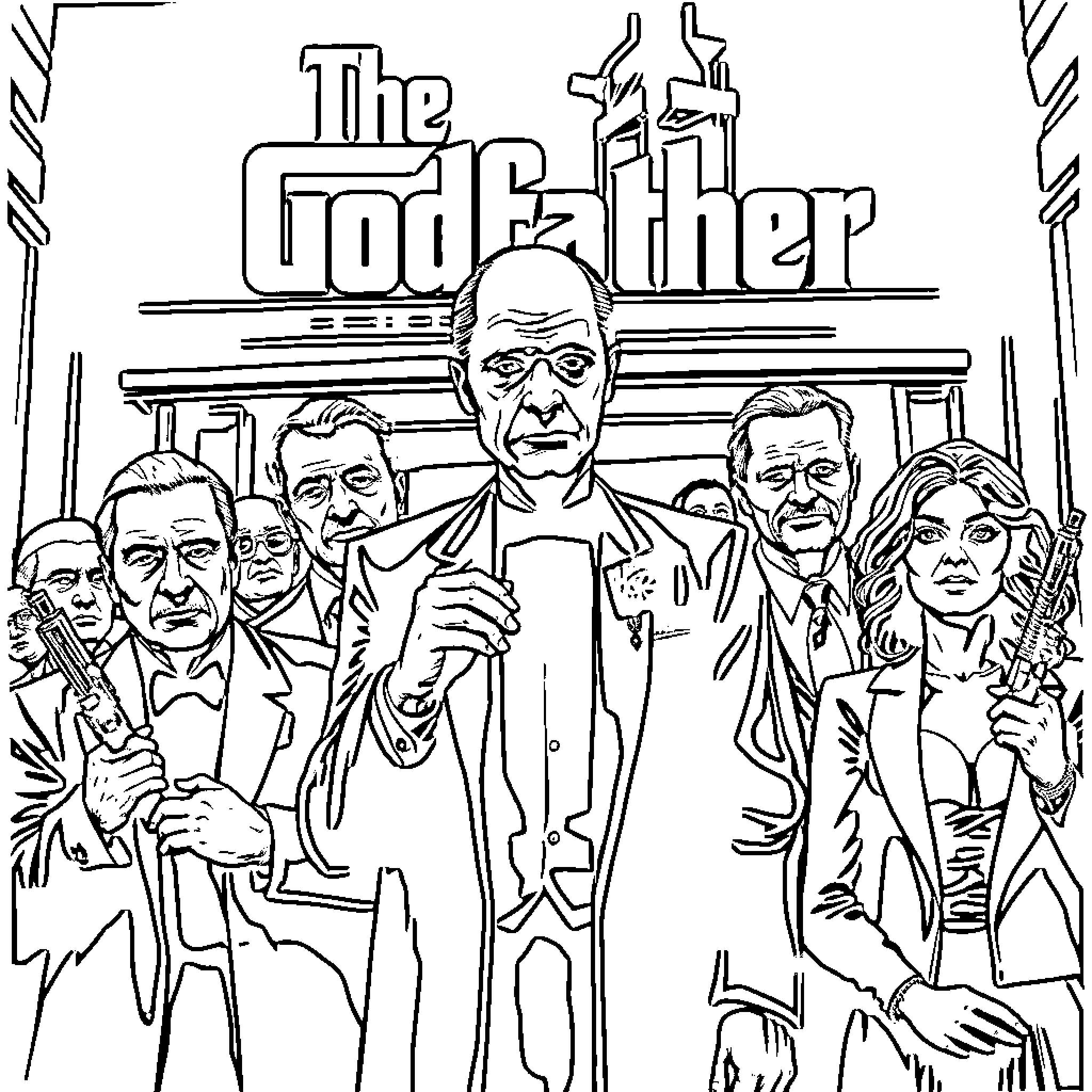 Godfather Group Portrait in Dramatic Attire Coloring Page (free black-and-white line drawing printable PDF for all, from beginners to advanced learners, including children, teens, adults, and seniors)
