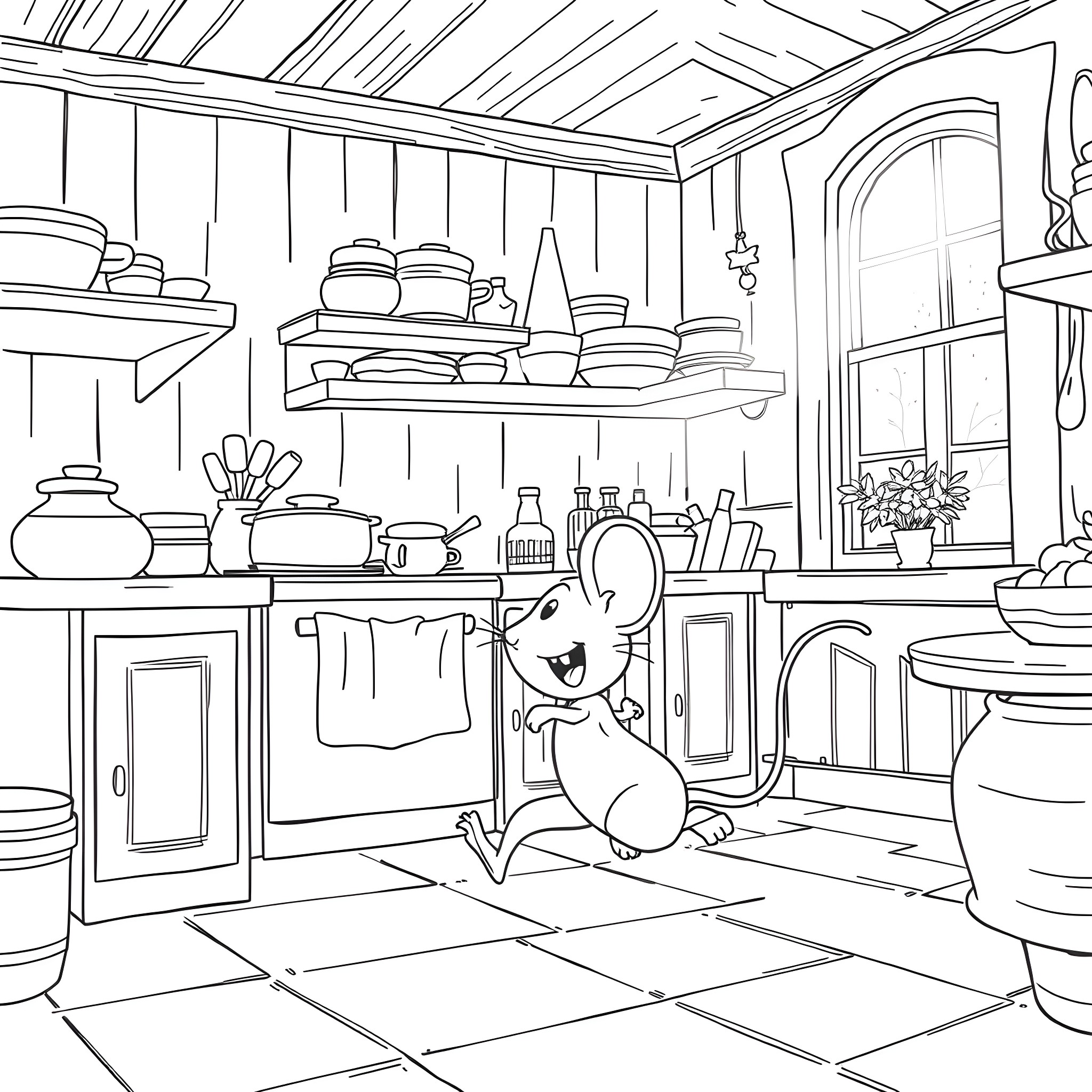 Cinderella's cozy kitchen with a friendly mouse Coloring Page (free black-and-white line drawing printable PDF for all, from beginners to advanced learners, including children, teens, adults, and seniors)