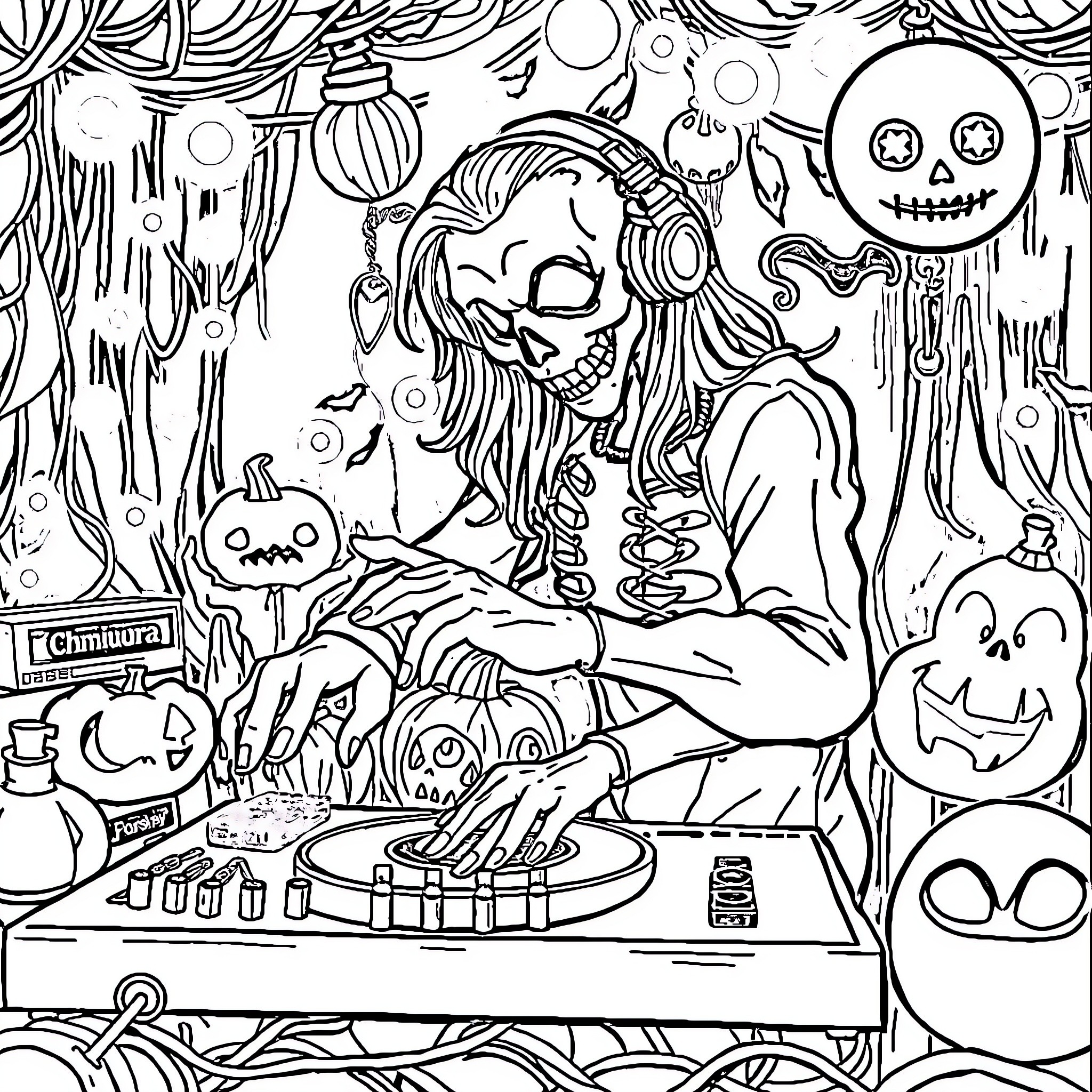 Chmura's Mystical Halloween Celebration Coloring Page (free black-and-white line drawing printable PDF for all, from beginners to advanced learners, including children, teens, adults, and seniors)