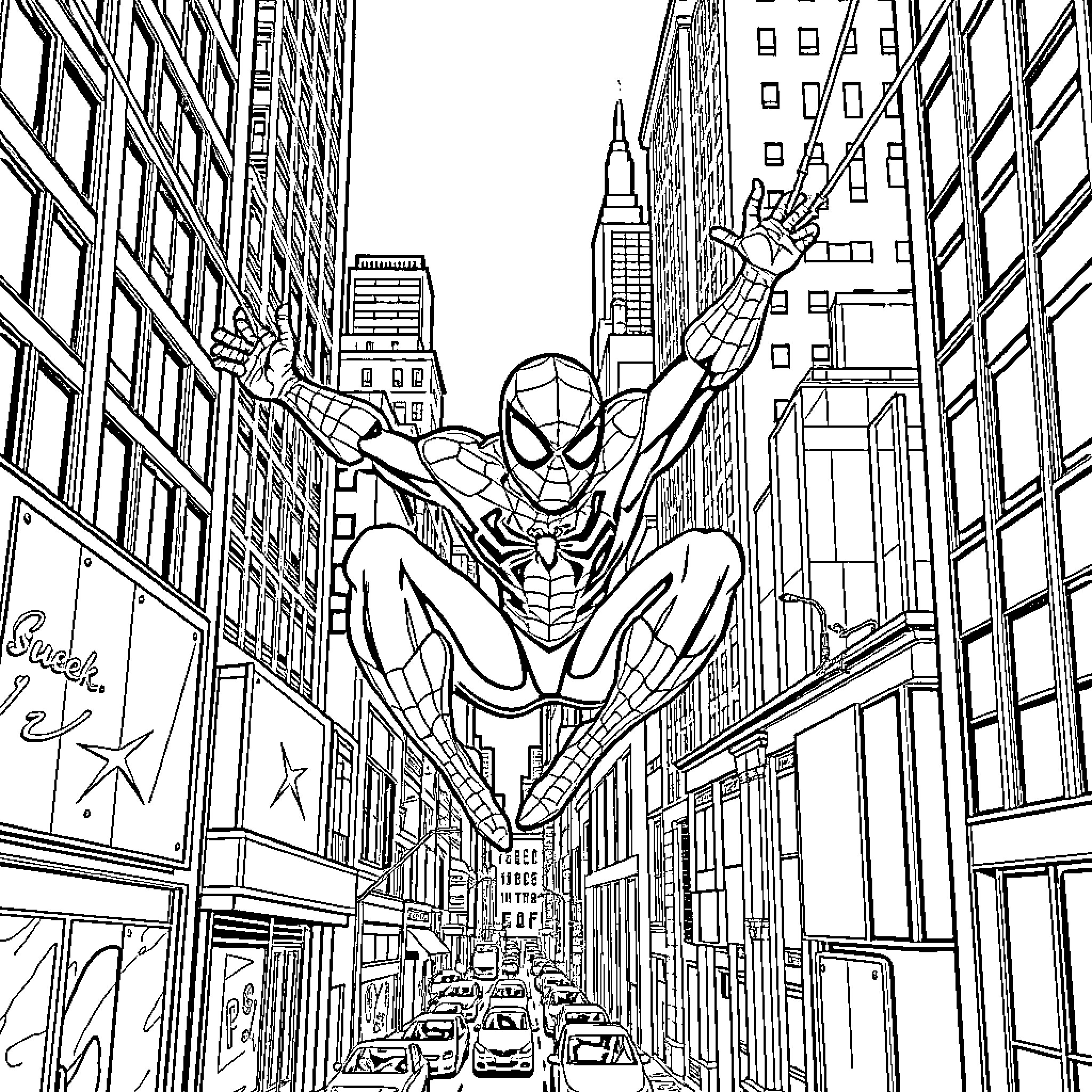 Spider-Man swinging through the city streets Coloring Page (free black-and-white line drawing printable PDF for all, from beginners to advanced learners, including children, teens, adults, and seniors)