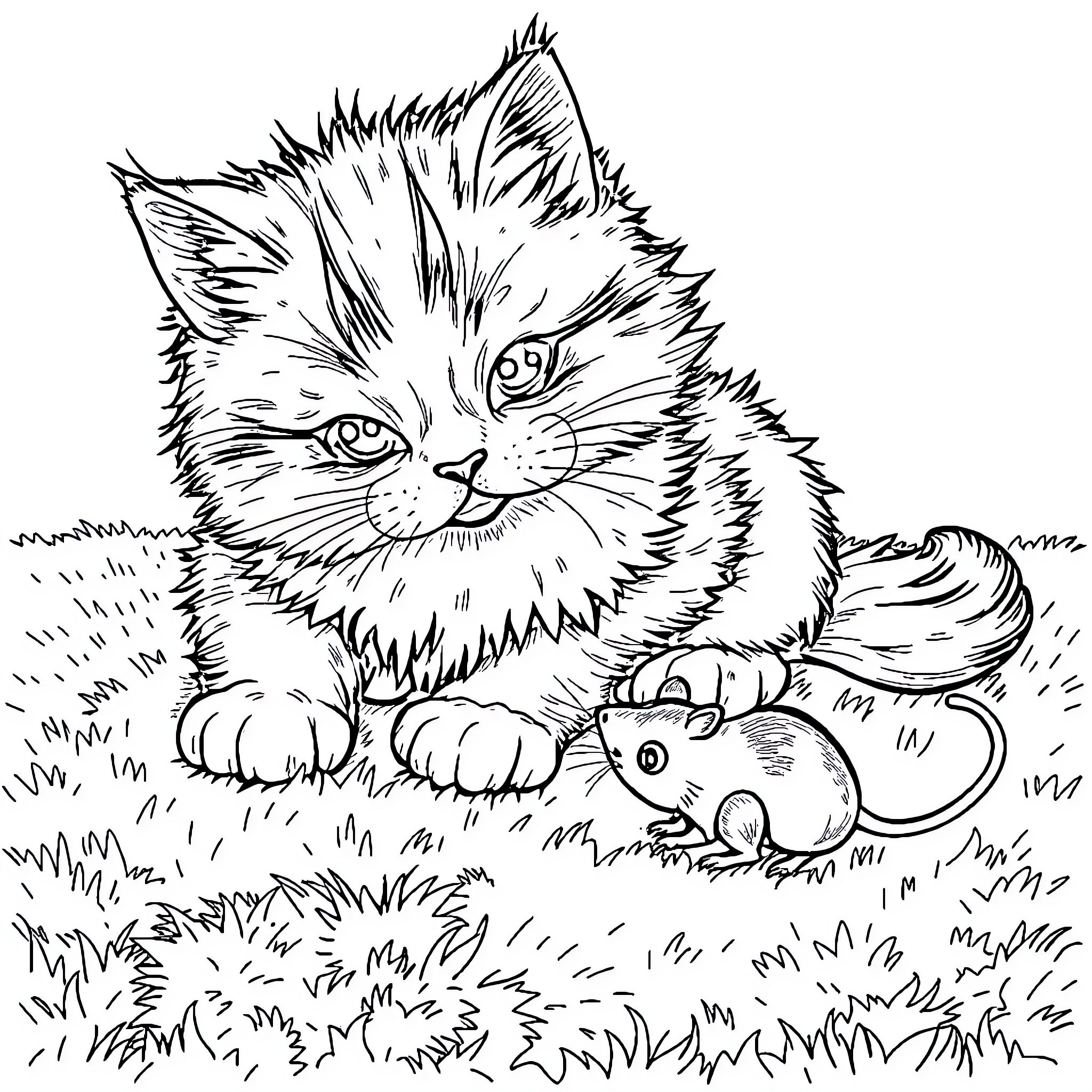 Cat chasing a mouse in the grass Coloring Page (free black-and-white line drawing printable PDF for all, from beginners to advanced learners, including children, teens, adults, and seniors)