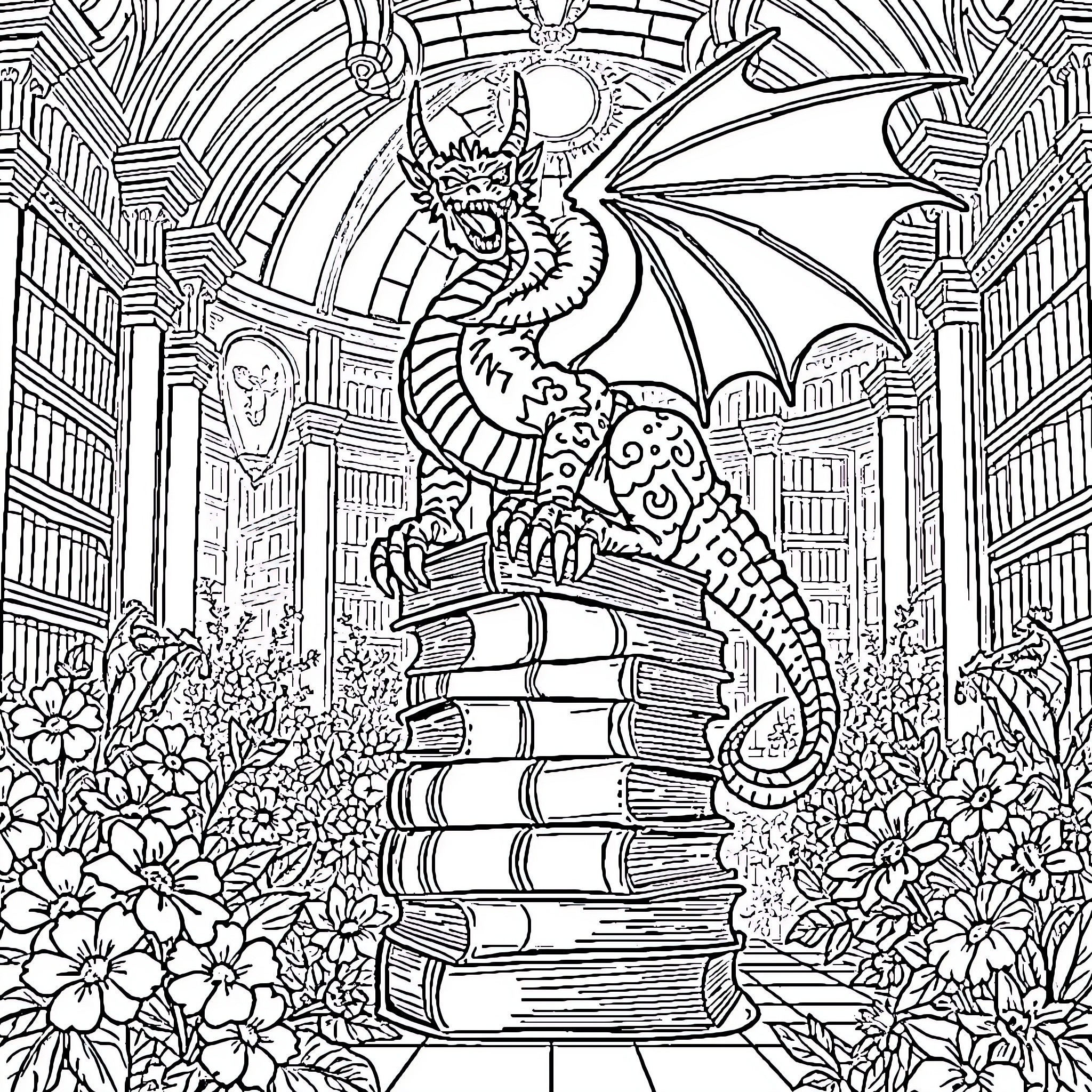 Dragon Guarding Enchanted Library of Books Coloring Page (free black-and-white line drawing printable PDF for all, from beginners to advanced learners, including children, teens, adults, and seniors)