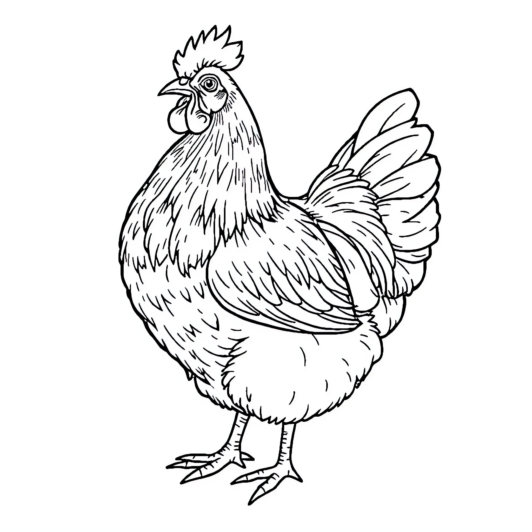Chicken standing proudly Coloring Page (free black-and-white line drawing printable PDF for all, from beginners to advanced learners, including children, teens, adults, and seniors)