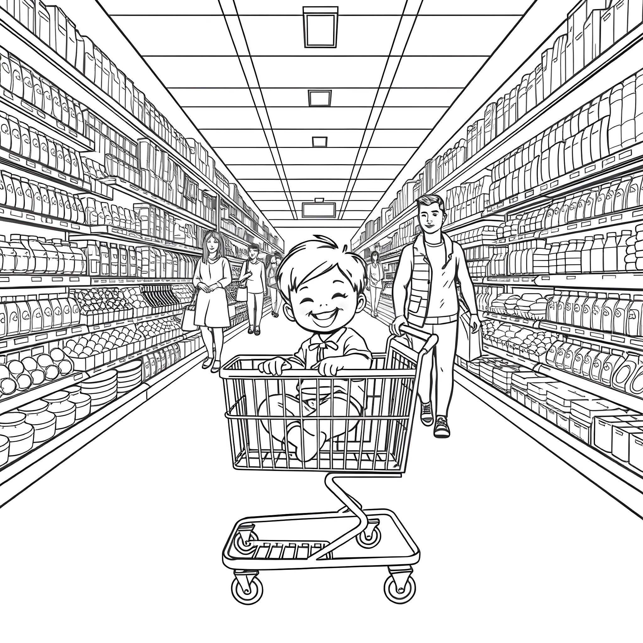 Kid happily shopping with parents in grocery store Coloring Page (free black-and-white line drawing printable PDF for all, from beginners to advanced learners, including children, teens, adults, and seniors)