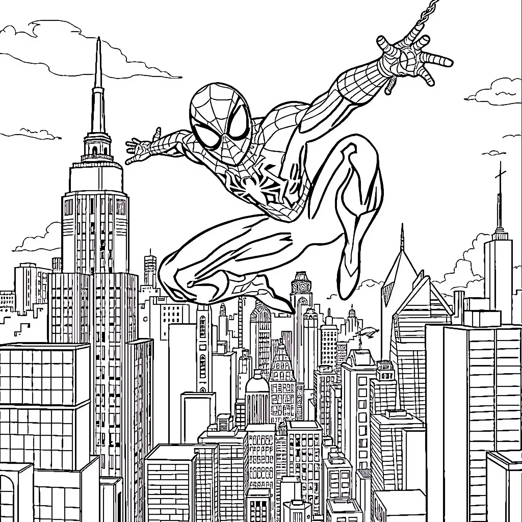 Spiderman swinging through the city skyline Coloring Page (free black-and-white line drawing printable PDF for all, from beginners to advanced learners, including children, teens, adults, and seniors)