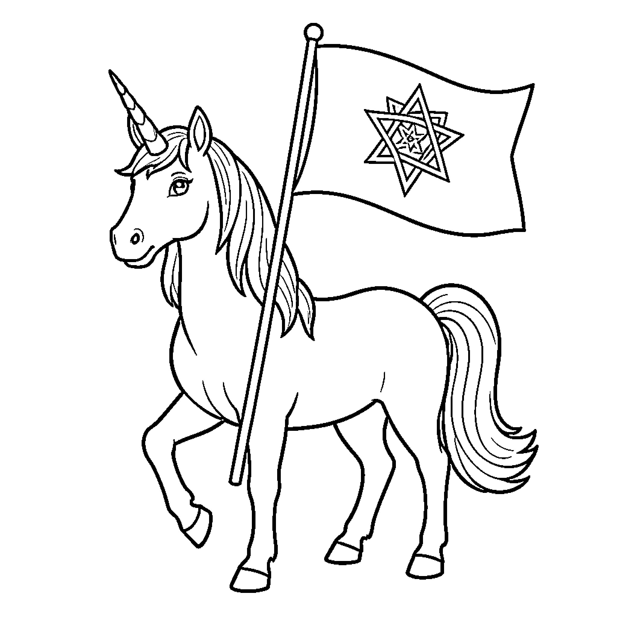 Unicorn proudly holding a flag with a geometric symbol Coloring Page (free black-and-white line drawing printable PDF for all, from beginners to advanced learners, including children, teens, adults, and seniors)