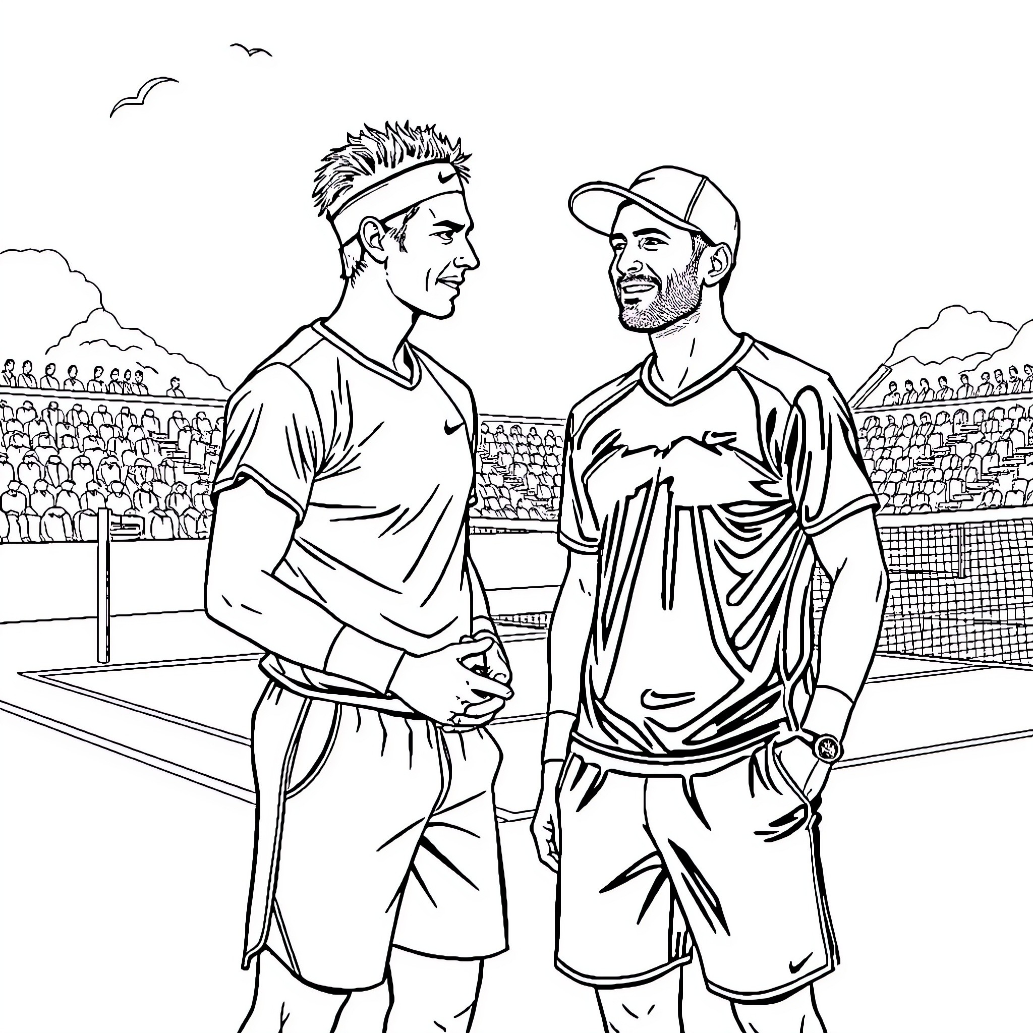 Tennis Players Shaking Hands on the Court Coloring Page (free black-and-white line drawing printable PDF for all, from beginners to advanced learners, including children, teens, adults, and seniors)